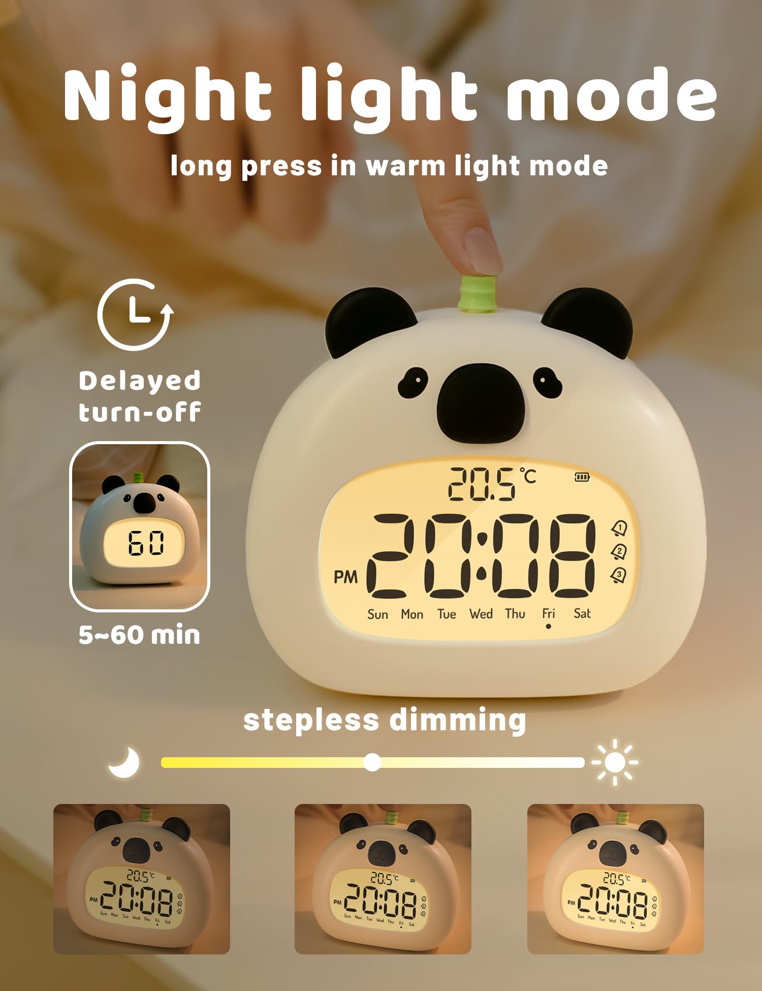 IHALO Simpatico sveglia per bambini, sveglia da comodino con panda luce notturna digitale, display a LED, 3,15 pollici, tre allarmi, modalità weekend, data, ora, temperatura, ricaricabile, decorazione