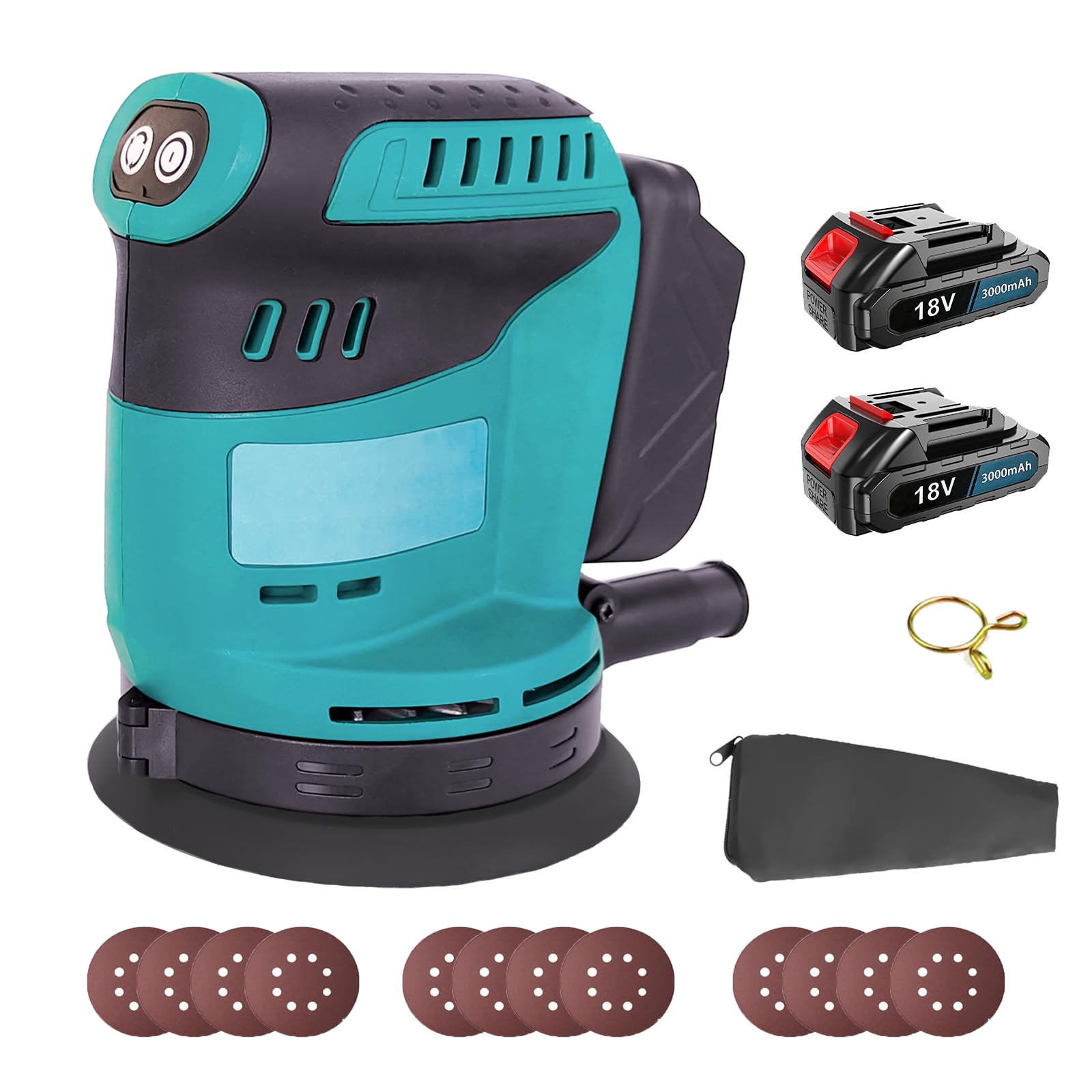 Ponceuse excentrique sans fil 125 mm, compatible avec la Makita DBO180Z, ponceuse électrique sans fil à 3 vitesses, pour le travail du bois et du métal, avec 2 batteries de 3000 mAh et un chargeur