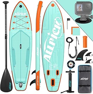 ALLPICK Premium SUP Board Set, Stand Up Paddling Board Aufblasbar, Mit Universal Kamerahalterung, Komplettes Zubehör, Verstellbares Paddel, Anfänger, Fortgeschrittene, 200kg