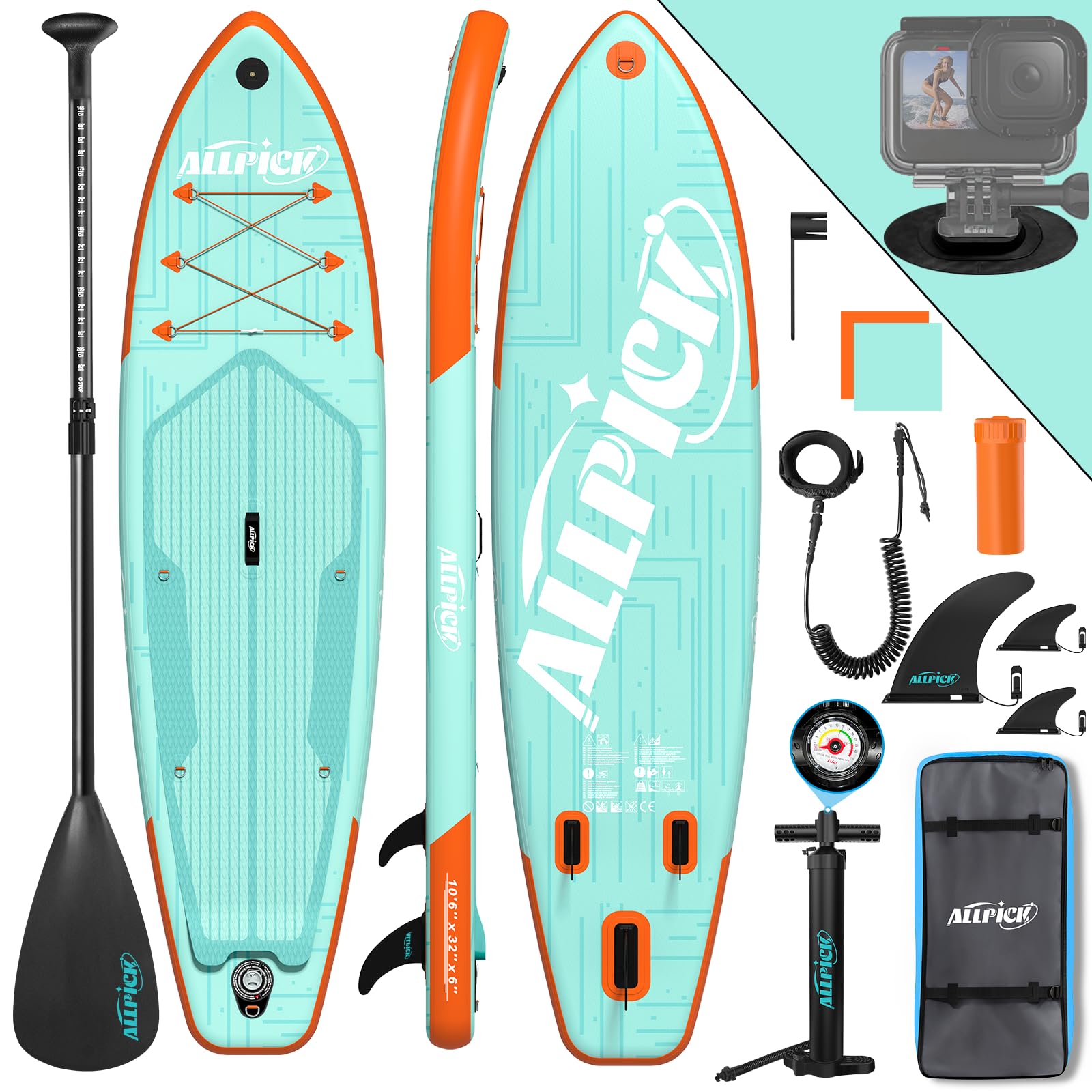 ALLPICK Sup Gonfiabile, Stand Up Paddle Board Gonfiabile, Con Supporto Universale per Fotocamera, Accessori Completi, Tavola da Sup Surf, Principianti e Avanzati, 150kg/180kg