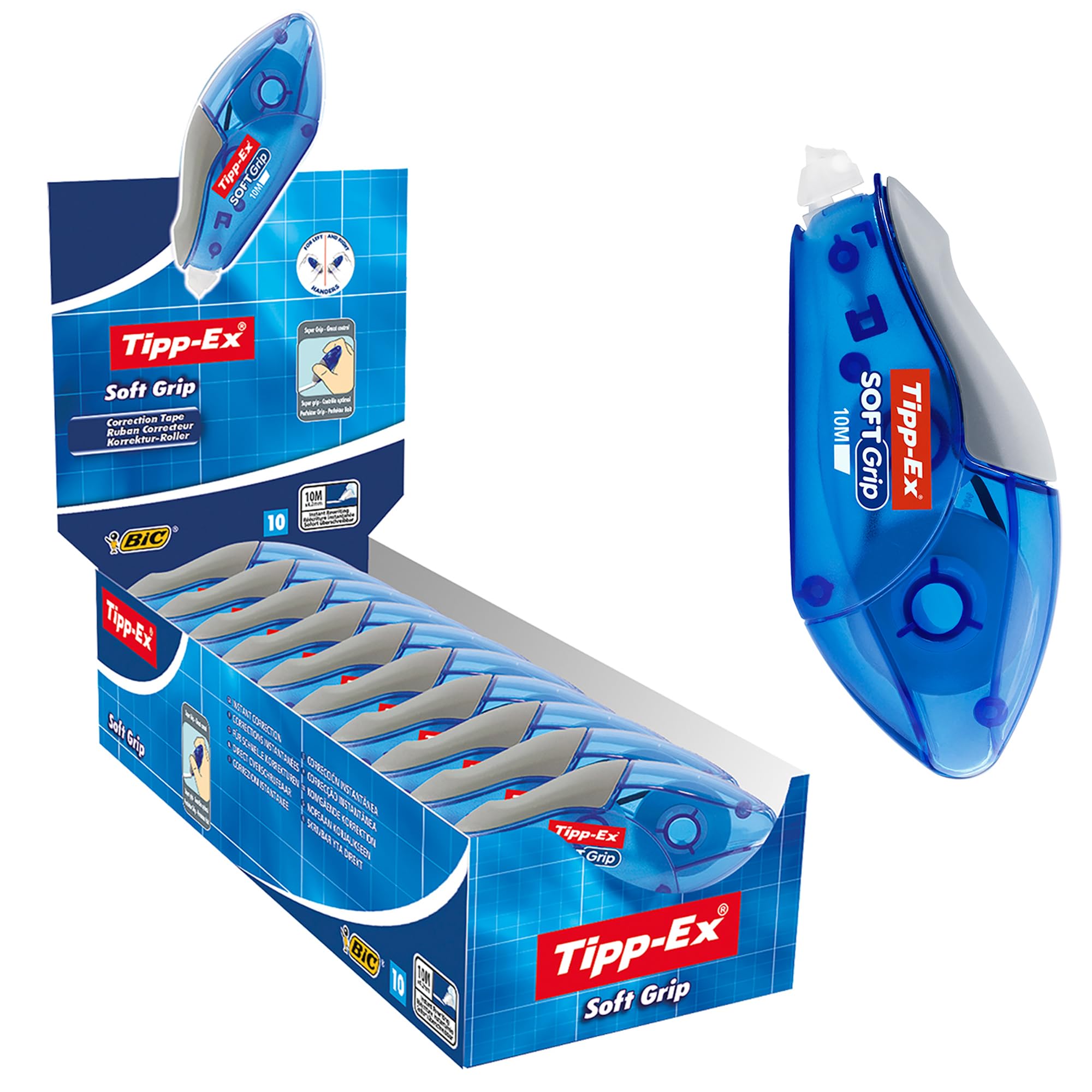 BIC Tipp-Ex Pocket Mouse Soft Grip, Correction Tape, 50m Coverage of Tear-Resistant Tape, White, Pack of 10