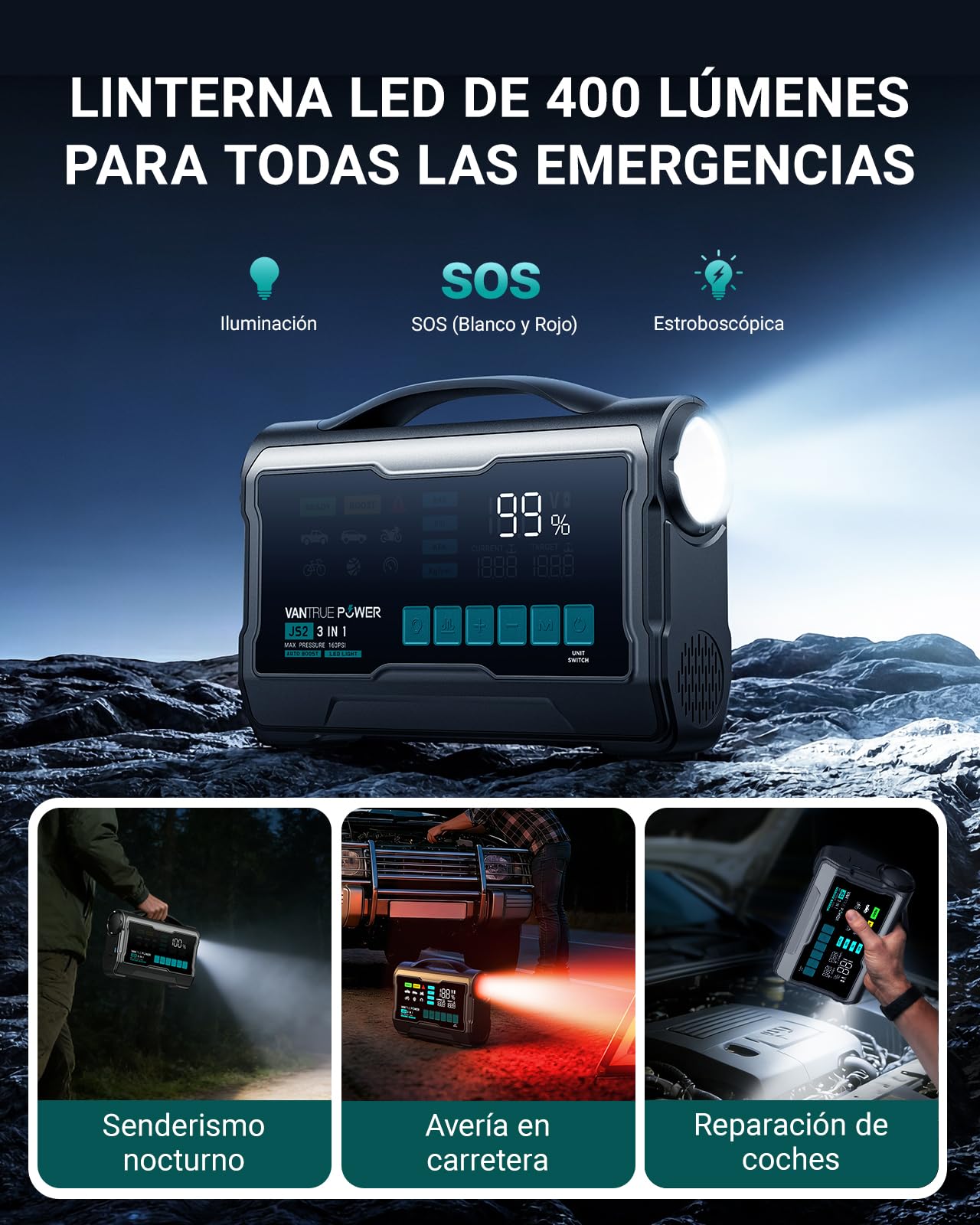 JS2 Arrancador, 16000mAh, 160 PSI Compresor, 65W, 59,2Wh Inflador con compart. boquillas y máx. Velocidad de inflado, indicador LED –para Gasolina 8L/diésel 7L, Incl. LED y Cables