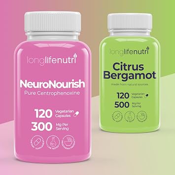 LongLifeNutri Centrophenoxine 300 mg & Citrus Bergamot 500 mg Bundle 120 & 120 Veg Capsules, 4-Month Supply, Cognitive & Wellness Support, High Purity, GMP Certified, Made in USA