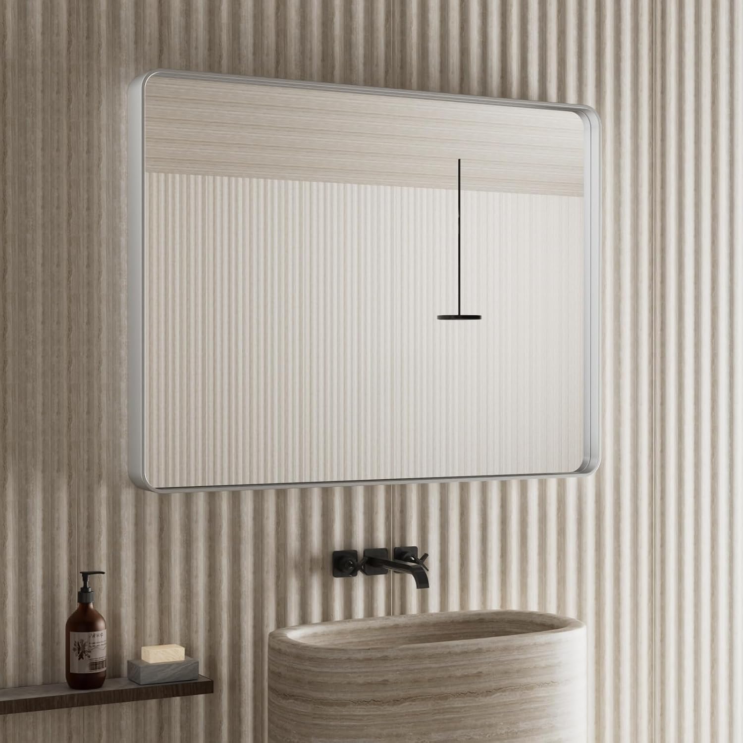 JISOSO Silver Bathroom Mirror, 20 x 30 Inch Wall Mounted Vanity Mirror with Rounded Corner Metal