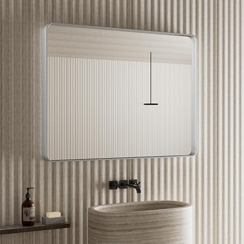 Miniatura 2 de Espejo de baño de plata cepillada para pared, espejo rectangular de metal con marco de metal de 24 x 36 pulgadas, espejo de tocador moderno montado