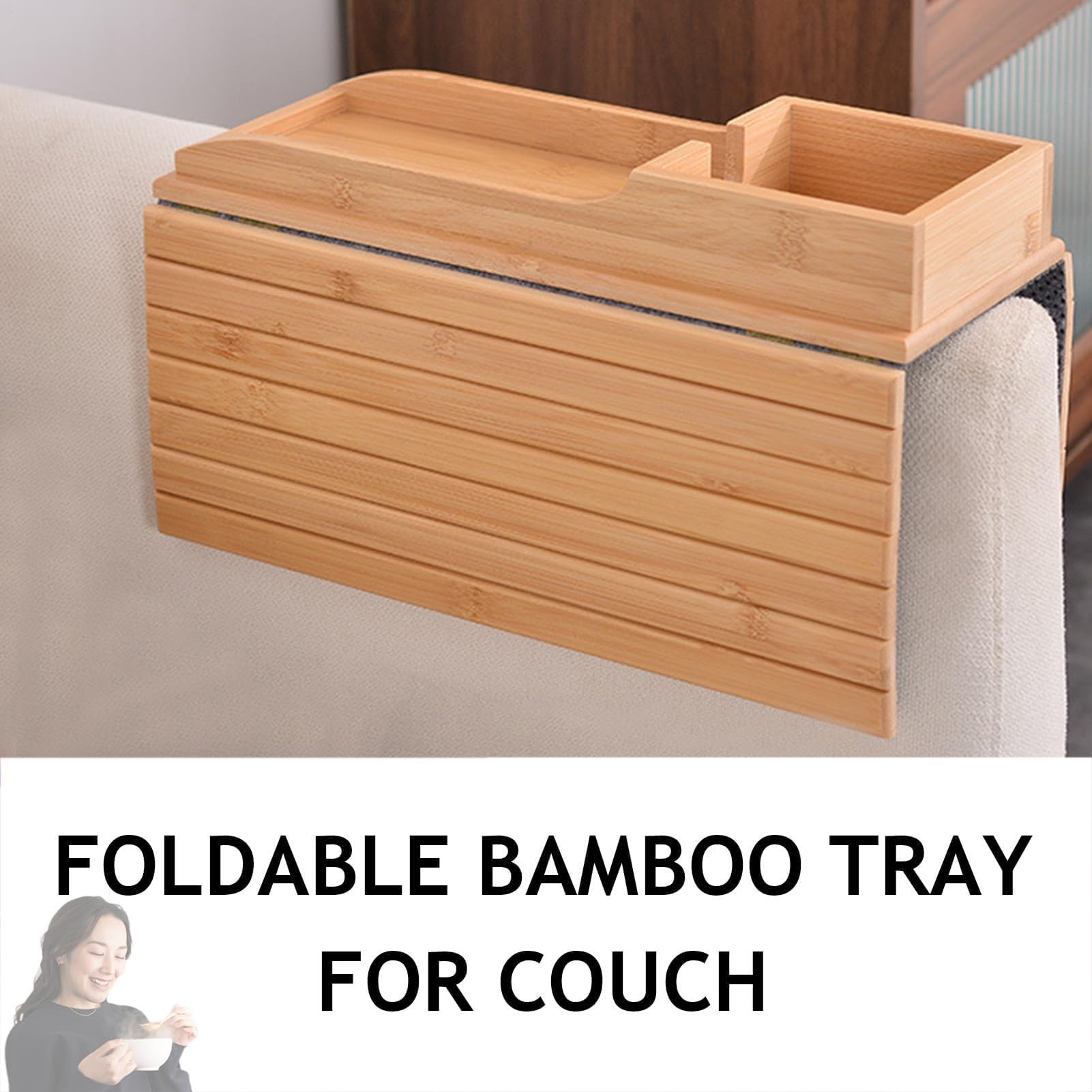 Bandeja plegable para reposabrazos de sofá, para bebidas, aperitivos, mandos a distancia y objetos pequeños, versátil soporte para tazas de sofá y solución de almacenamiento para sala de estar