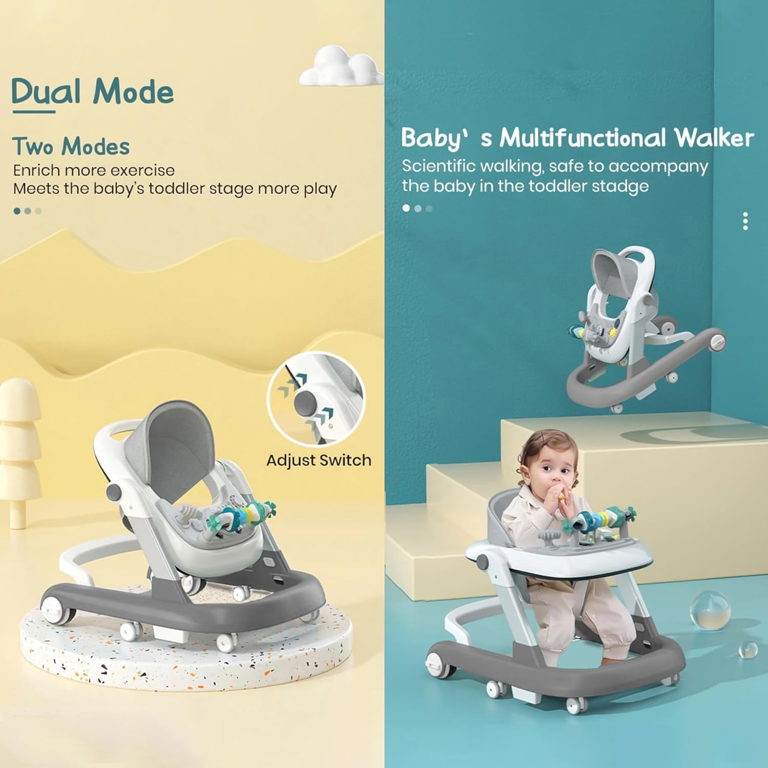 Pandaoriginals Baby Walker Adjustable Height with Height Adjustable 6-24 Months Baby Walker for Kids, Walker with Push Handle | Activity Walker for Baby with Musical Boys Girls (Grey) - Image 3 thumbnail