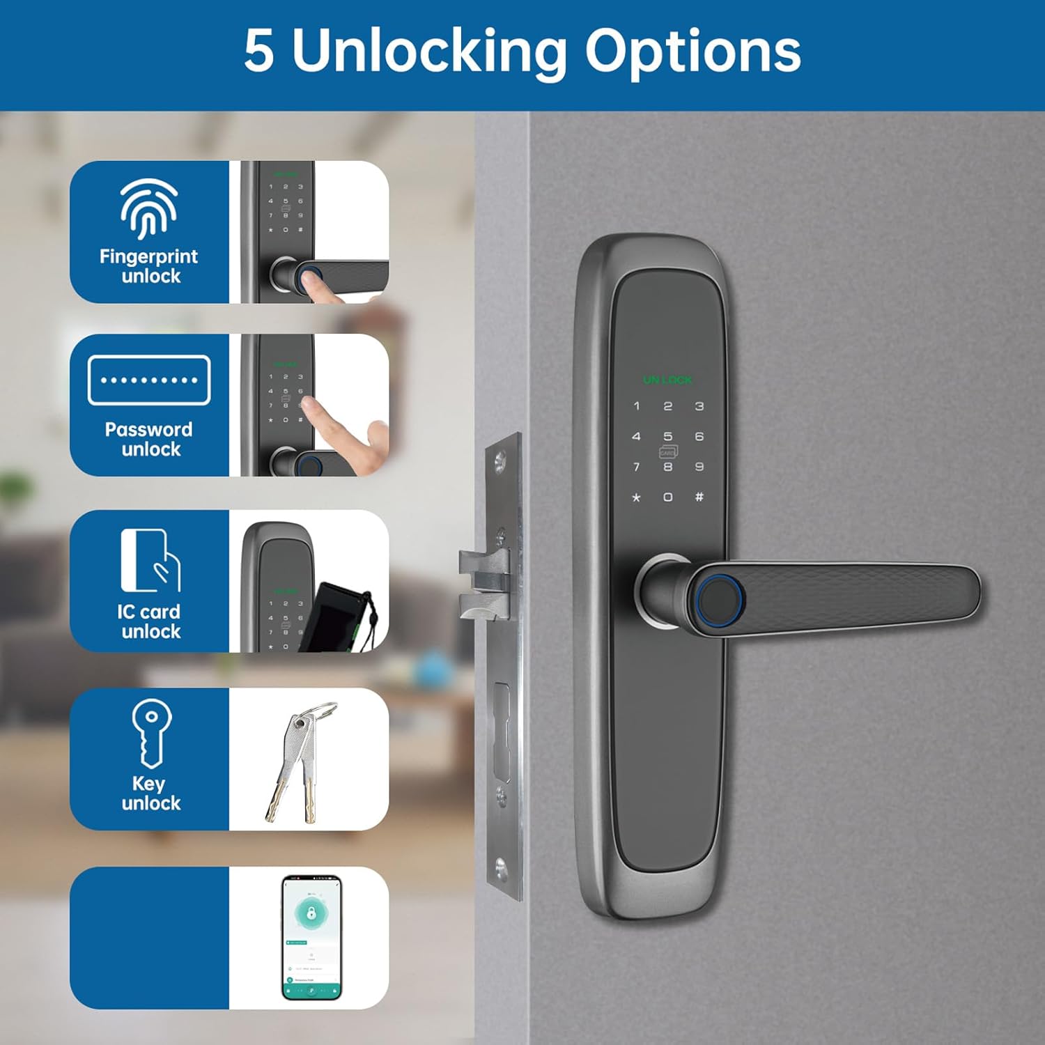 Visual representation of the five unlocking methods for the LICAEVEY 6068 Digital Door Handle Lock: fingerprint, password, IC card, key, and app.