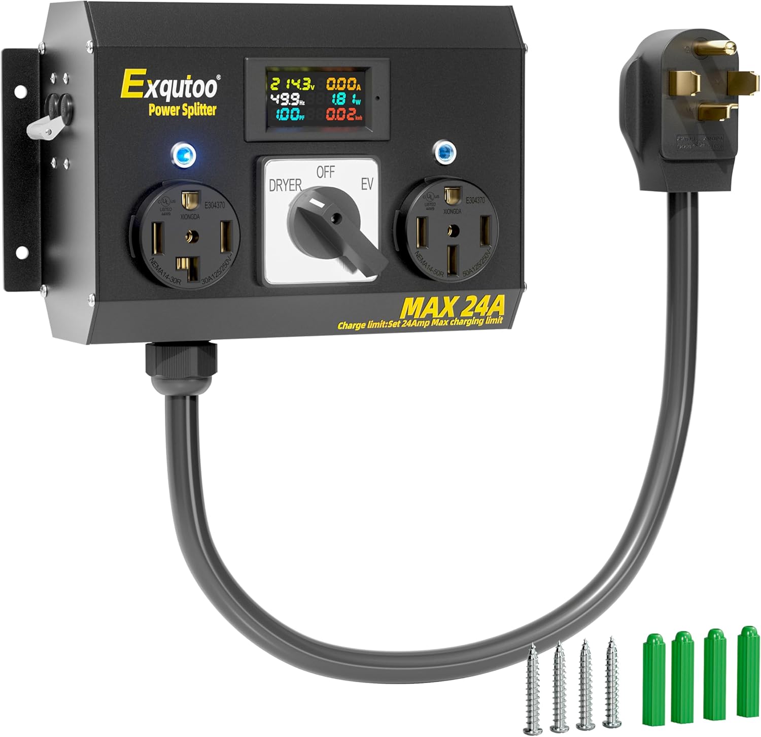 Exqutoo Manual Splitter Switch with Metal Enclosure, NEMA 14-30P to 14-30R & 14-50R Knob Selection Charging Switch with Breaker, Heavy-Duty for EVs, Ovens, Dishwashers, 120/240VAC