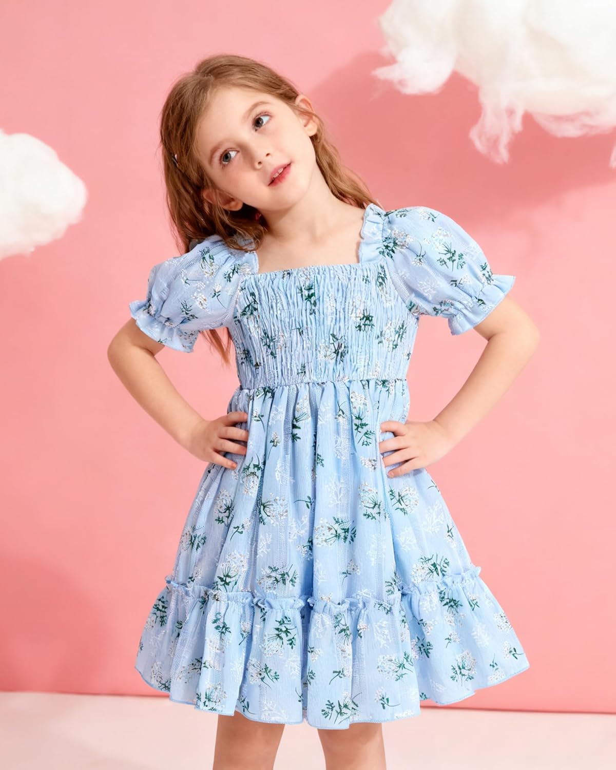 YALLET Casual Girls Dresses Puff Sleeve Floral Print Smocked Toddler Dress with Back Adjustment Rope for Daily Play Holidays - Image 4