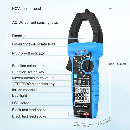 Miniatura 9 de MESTEK Inrush - Medidor de abrazadera digital multímetro probador de voltaje 1000A TRMS 6000 recuentos CACC amplificador de corriente con VFD, modo