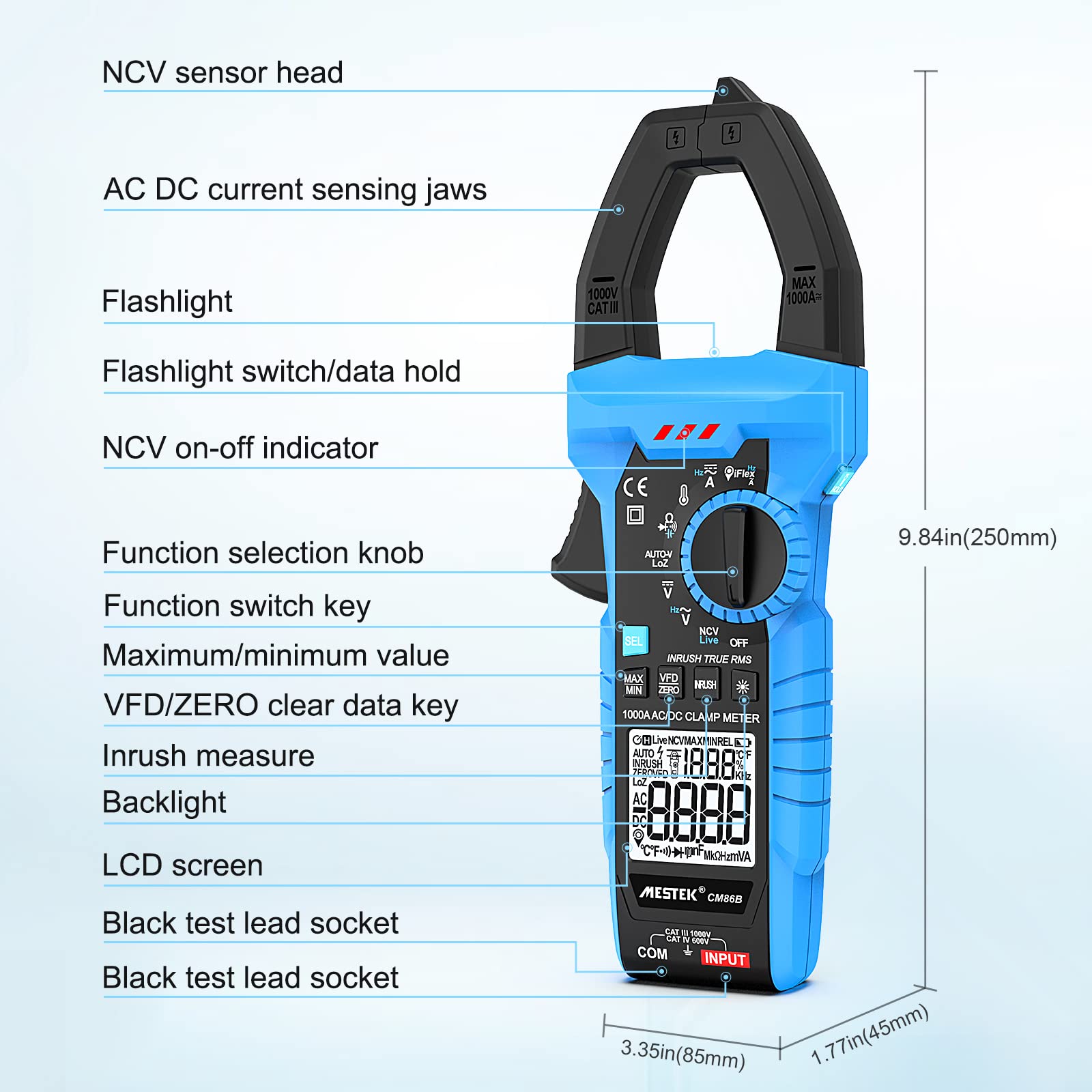 Pinza Amperimétrica 1000A CA/CC Amperímetro MESTEK InRush Clamp Meter T-RMS Medir Corriente Tensión Temperatura Resistencia Condensadores Frecuencia con Modo VFD, LOZ 6.000 Conteos