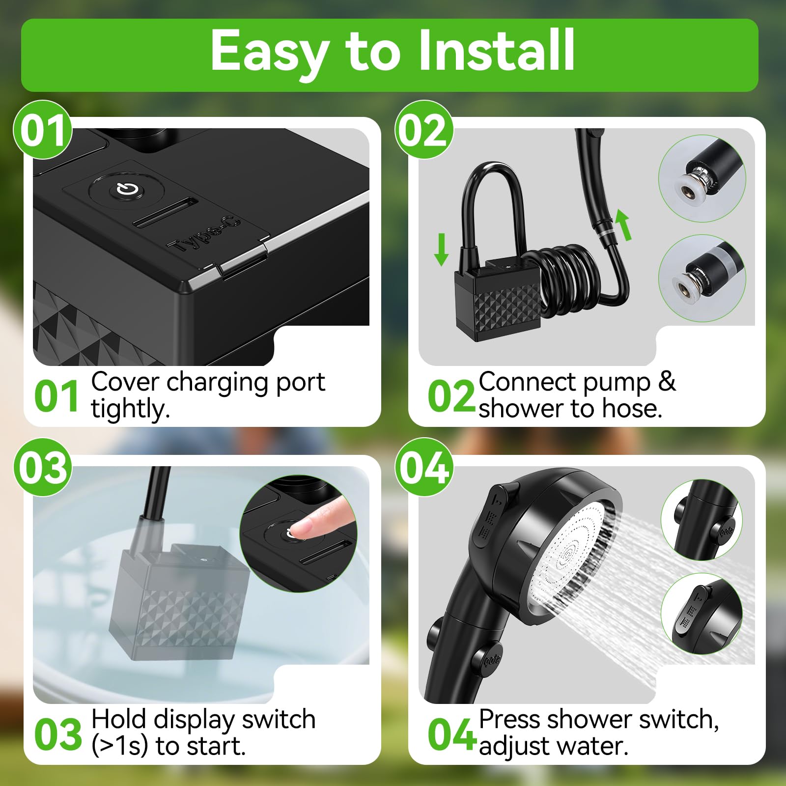 Kit Douche de Camping, Douche Portable,8000mAh Pompe de Douche Électrique Rechargeable,Imperméable, avec Afficheur Intelligent et Pomme de Douche 3 Modes pour Extérieure,Camping,Animaux,Randonnée