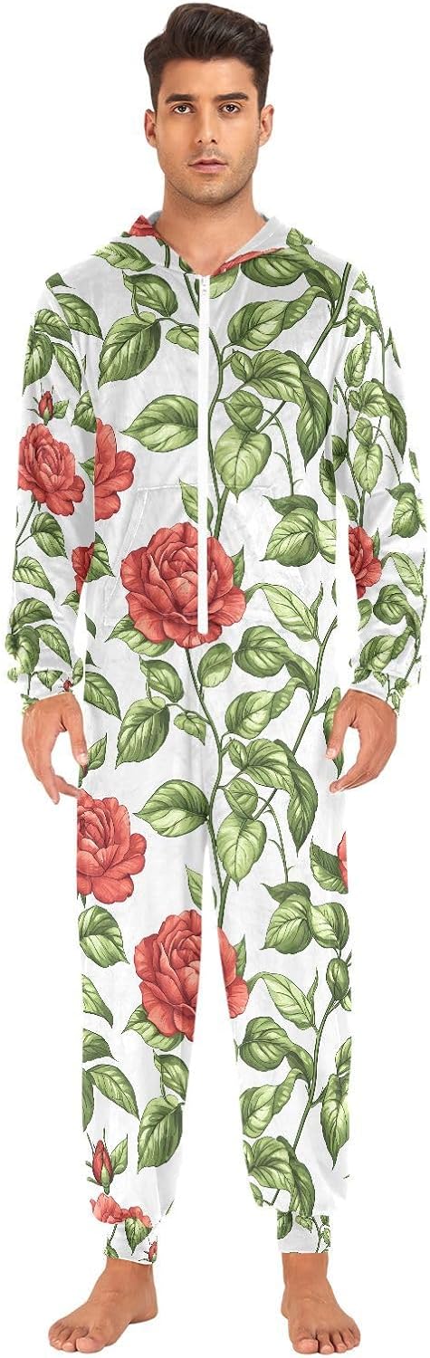 Rose Flower Red Floral Green Leaf Adult Onesie Pajamas Novelty One Piece Costume Sleepwear Jumpsuits Matching PJS
