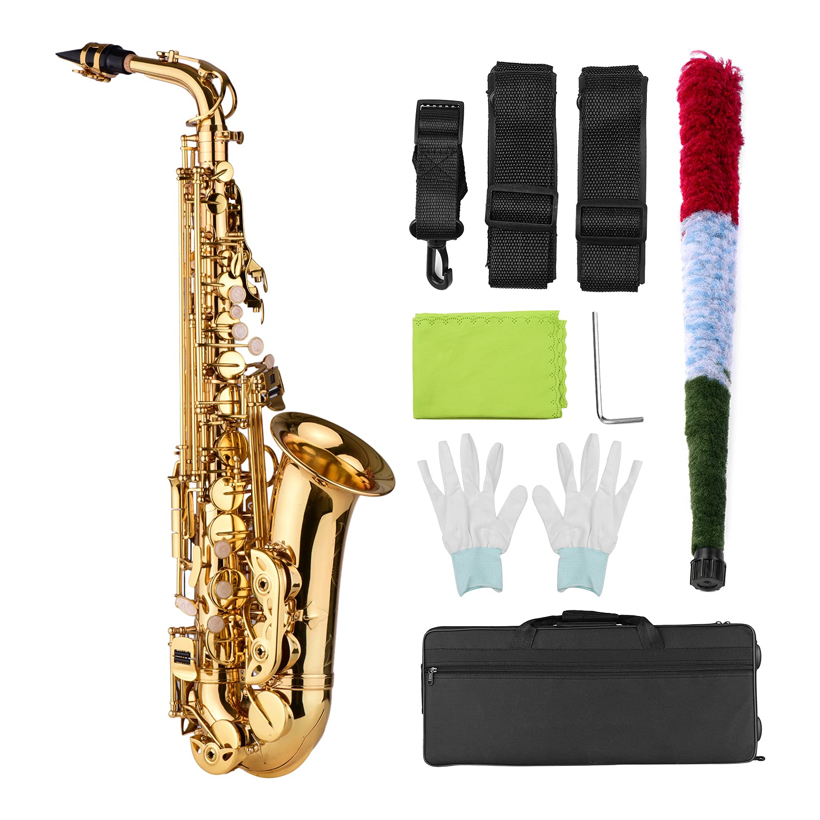 HUIOP AS200 Sassofono contralto Mib Ottone laccato Sax contralto Strumento a fiato con custodia per il trasporto Guanti Cinghie Panno per pulizia Spazzola