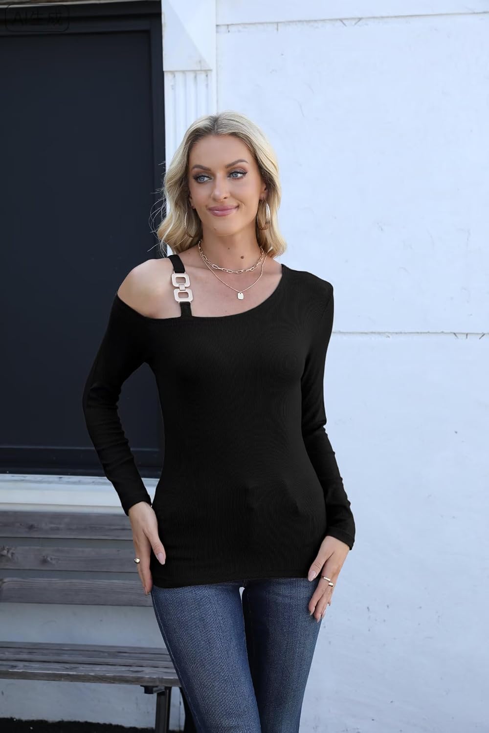 VICHYIE Womens Sexy Asymmetrical Neck Long Sleeve Cold Shoulder Shirts Ribbed Knit Slim Fitted Trendy Fashion Tops - Image 3