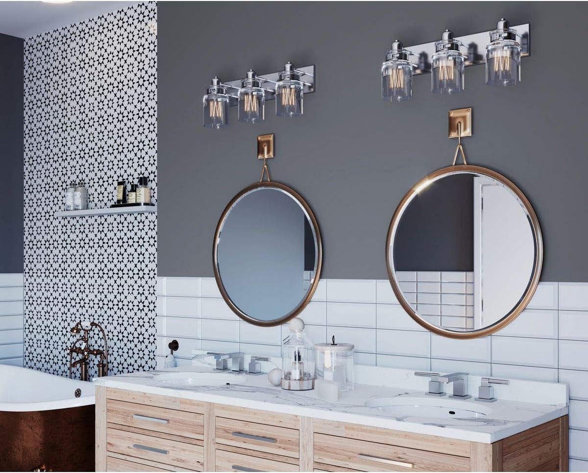 Get Discount 70% Price Calhoun Collection 3-Light Clear Glass Farmhouse Bath Vanity Light Brushed Nickel