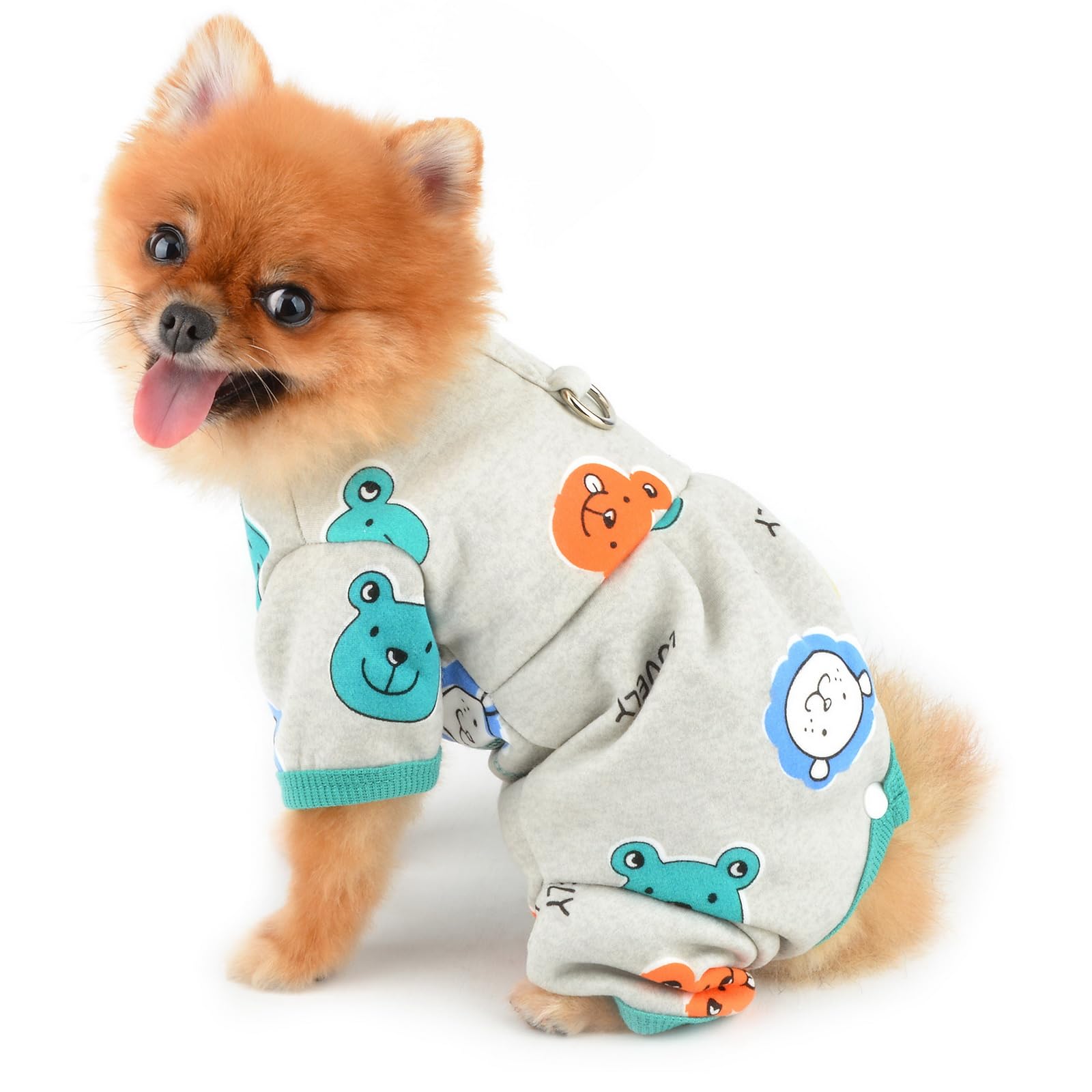 PAIDEFUL Small Dog Fleece Pajamas Pjs Stretchy Soft Doggie Pyjamas with Cute Bear Pet Jumpsuit Puppy Autumn Winter Outfits Warm Chihuahua Clothes Cats Costume D-ring,Gray,L - Image 4