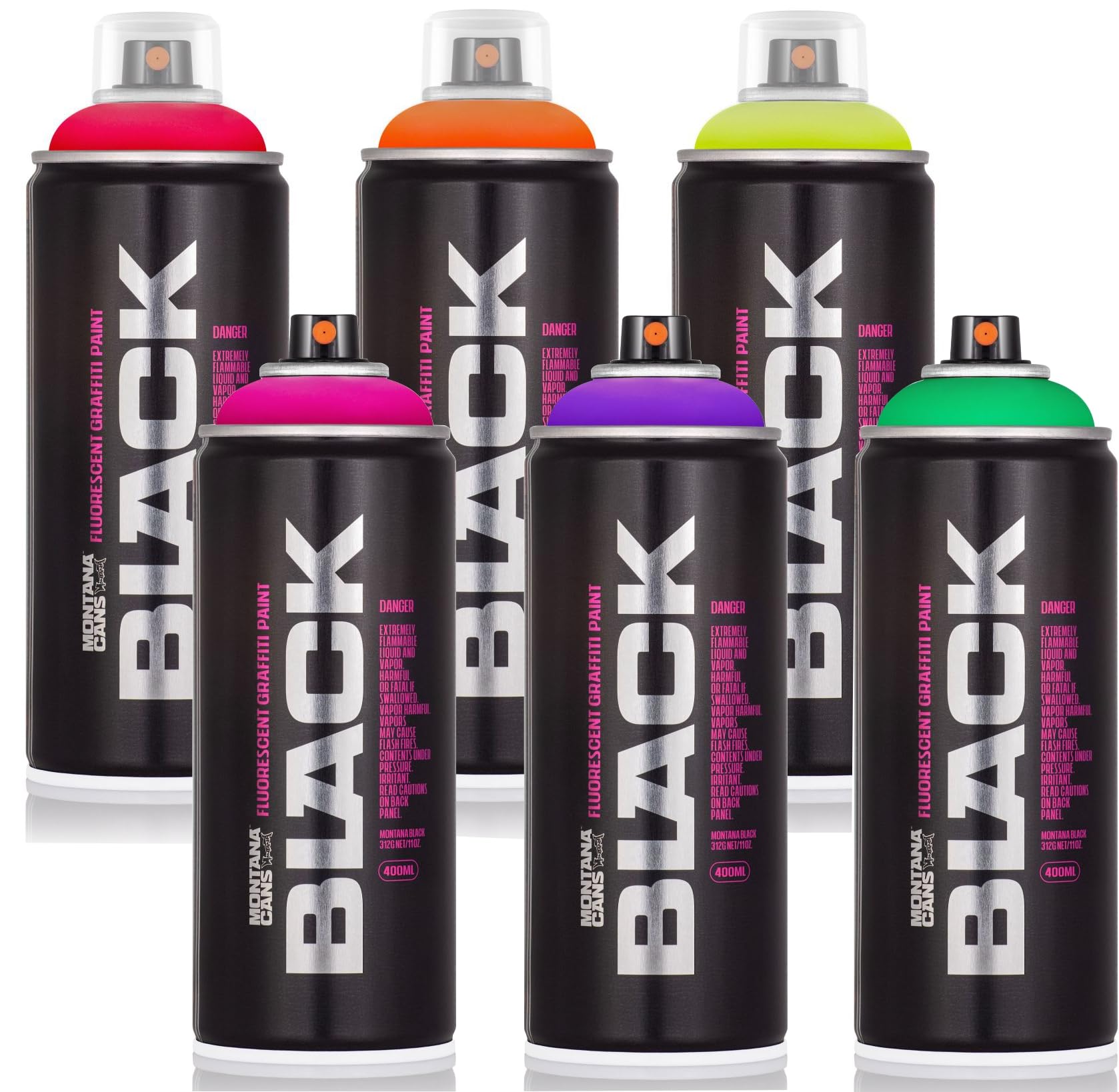 Montana Cans Black Infra Neon - Set di bombolette spray fluorescenti per graffiti, 400 ml, ad alta copertura, ad asciugatura rapida, set di colori neon per street art e fai da te, 6 x 400 ml