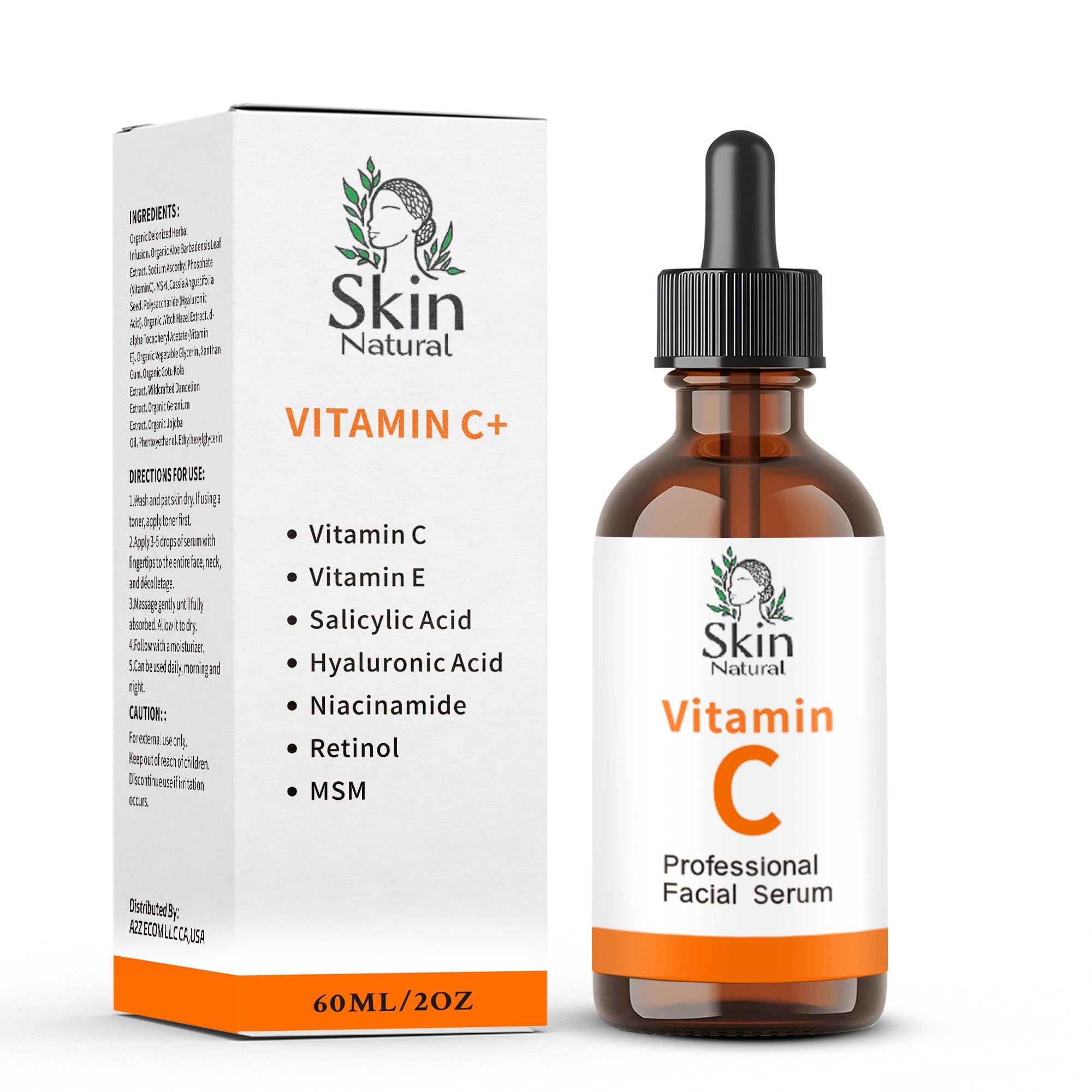 Skin Natural Vitamin C Serum for Face with Hyaluronic Acid & Vit E - Brightening Vitamin C Face Serum for Dark Spots & Anti Aging Facial Care -