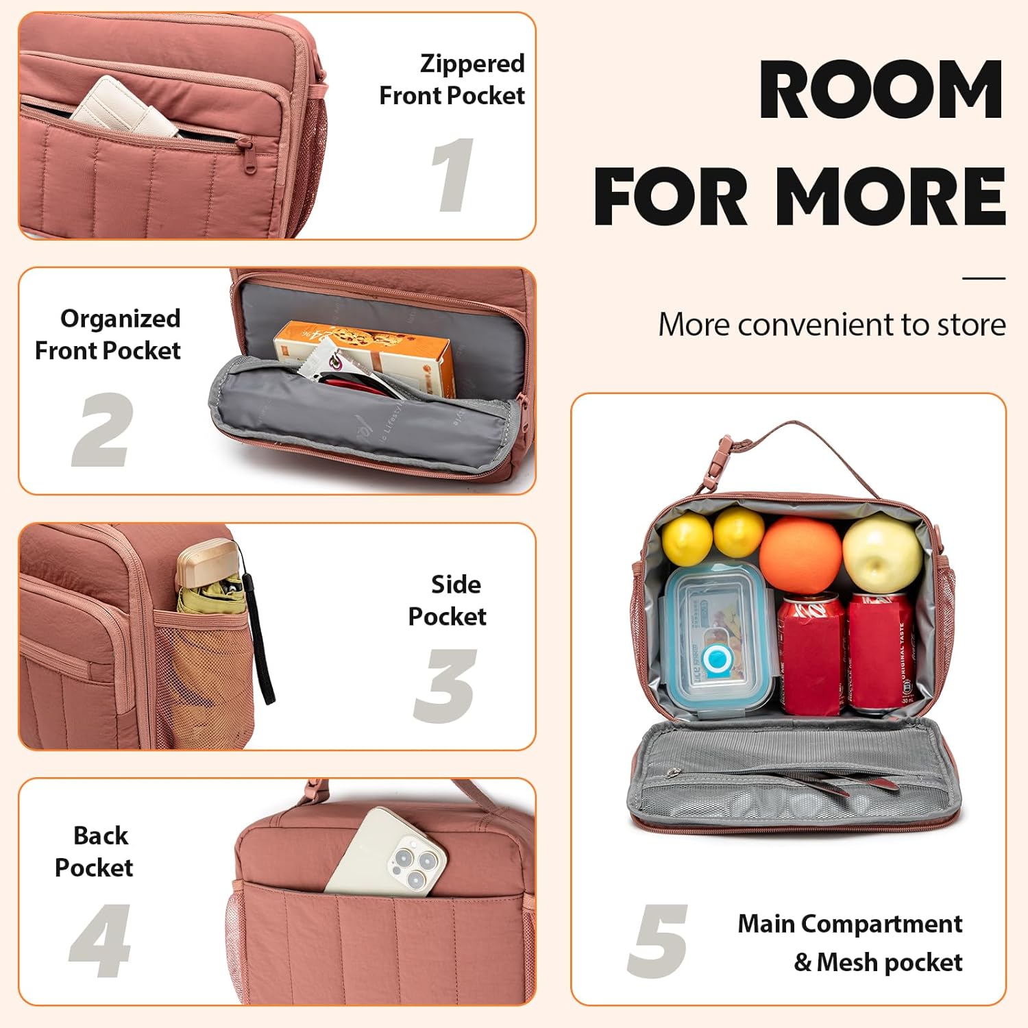 NOL Natural Organic Lifestyle Lunch Bag for Women, 8L Quilted Cooler Tote – Lightweight, Waterproof, Reusable Puffy Lunch Box for Work & Office, Dark pink - Image 5