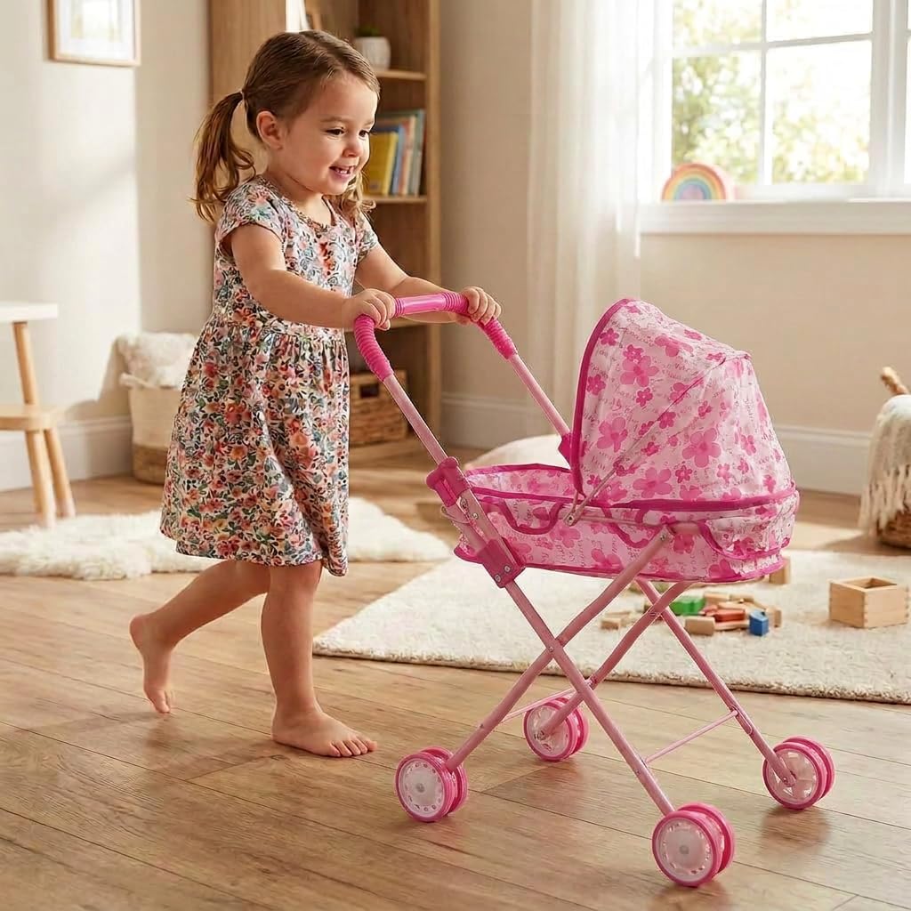 Passeggino per Bambole Pieghevole, Carrozzina per Bambole con Cintura di Sicurezza Integrata, Ruote Doppie, Leggero e Facile da Riporre, Giocattolo per Bambine