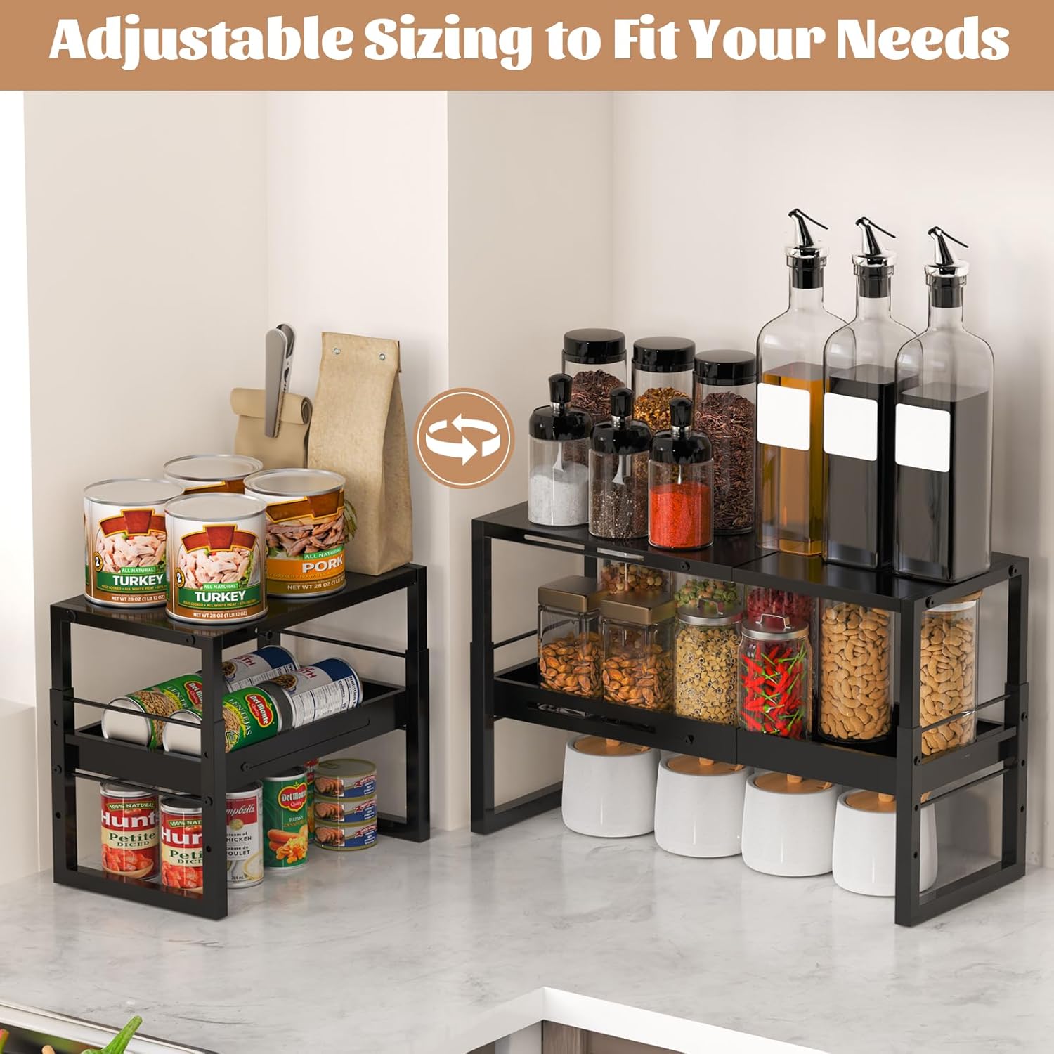 Adjustable Kitchen Countertop Organizer, 2-Tier Expandable Cabinet Counter Shelves, Heavy Duty Steel Pantry Organizers and Storage Shelf Rack Stand Riser, Adjustable Length & Height, Black
