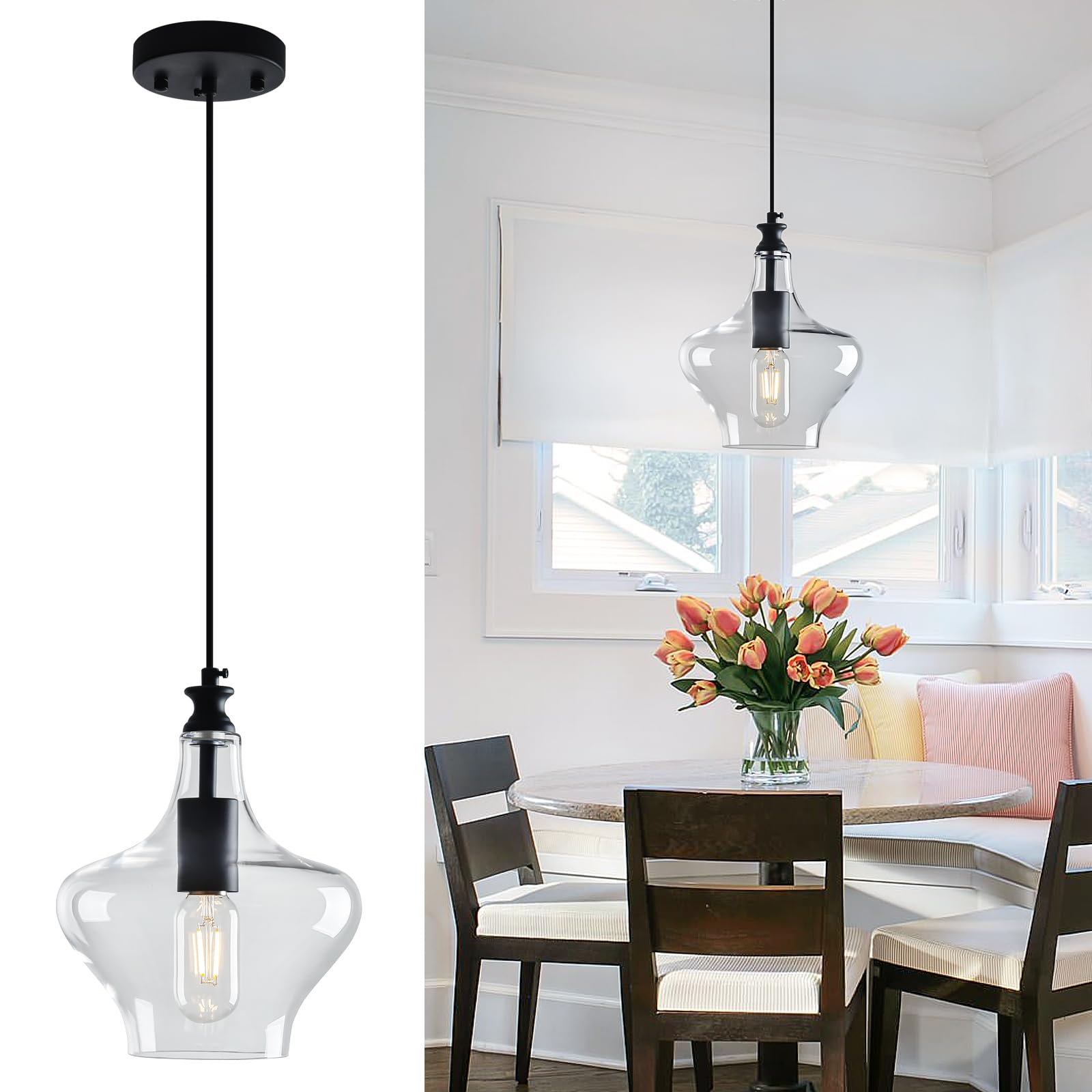 Lampada a sospensione in vetro E26 in vetro trasparente ombra nero Isola di fattoria lampada sospensione per cucina illuminazione a sospensione sopra lavandino camera da letto sala da pranzo (nero-B)
