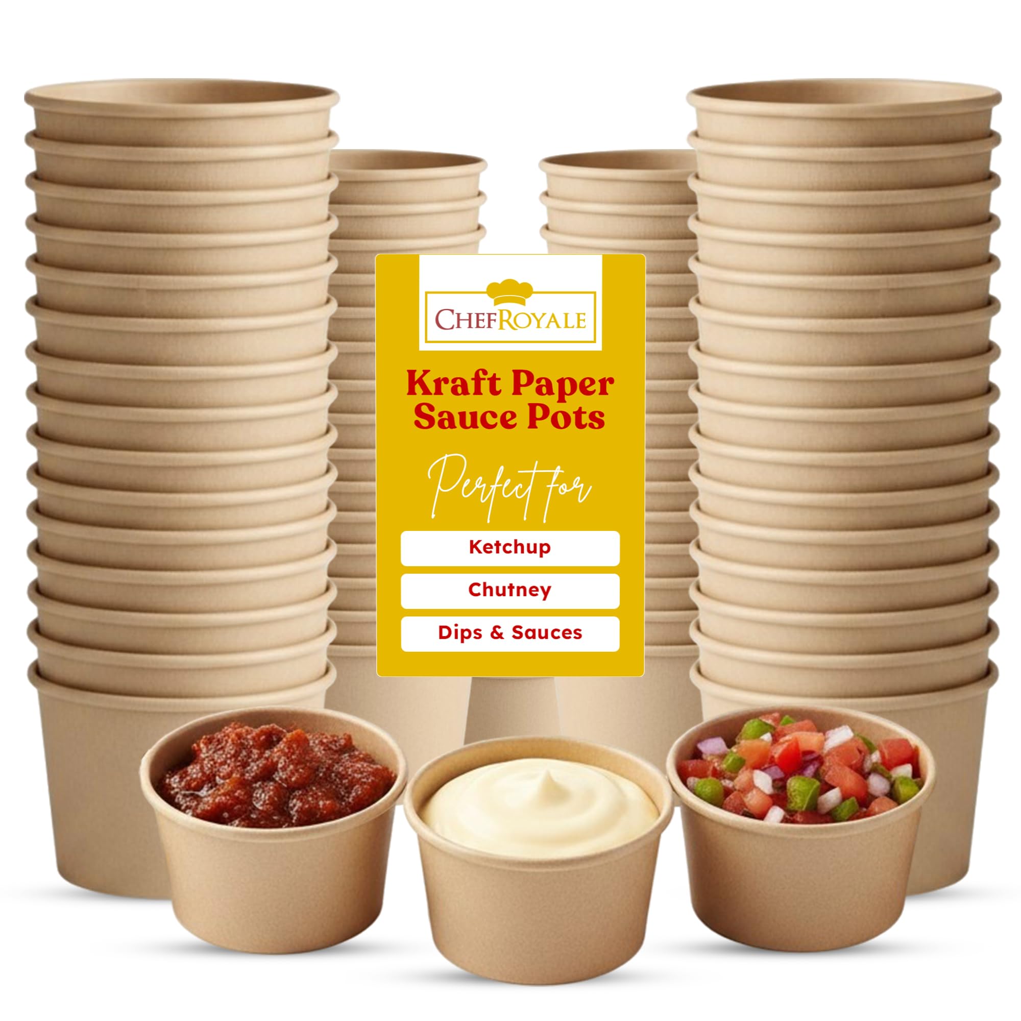Chef Royale Kraft 200X 4Oz Sauce Pots - Small Pots Round Containers Ideal For Ketchup, Chutney, Dips And Sauces (120Ml) (200, 4Oz)