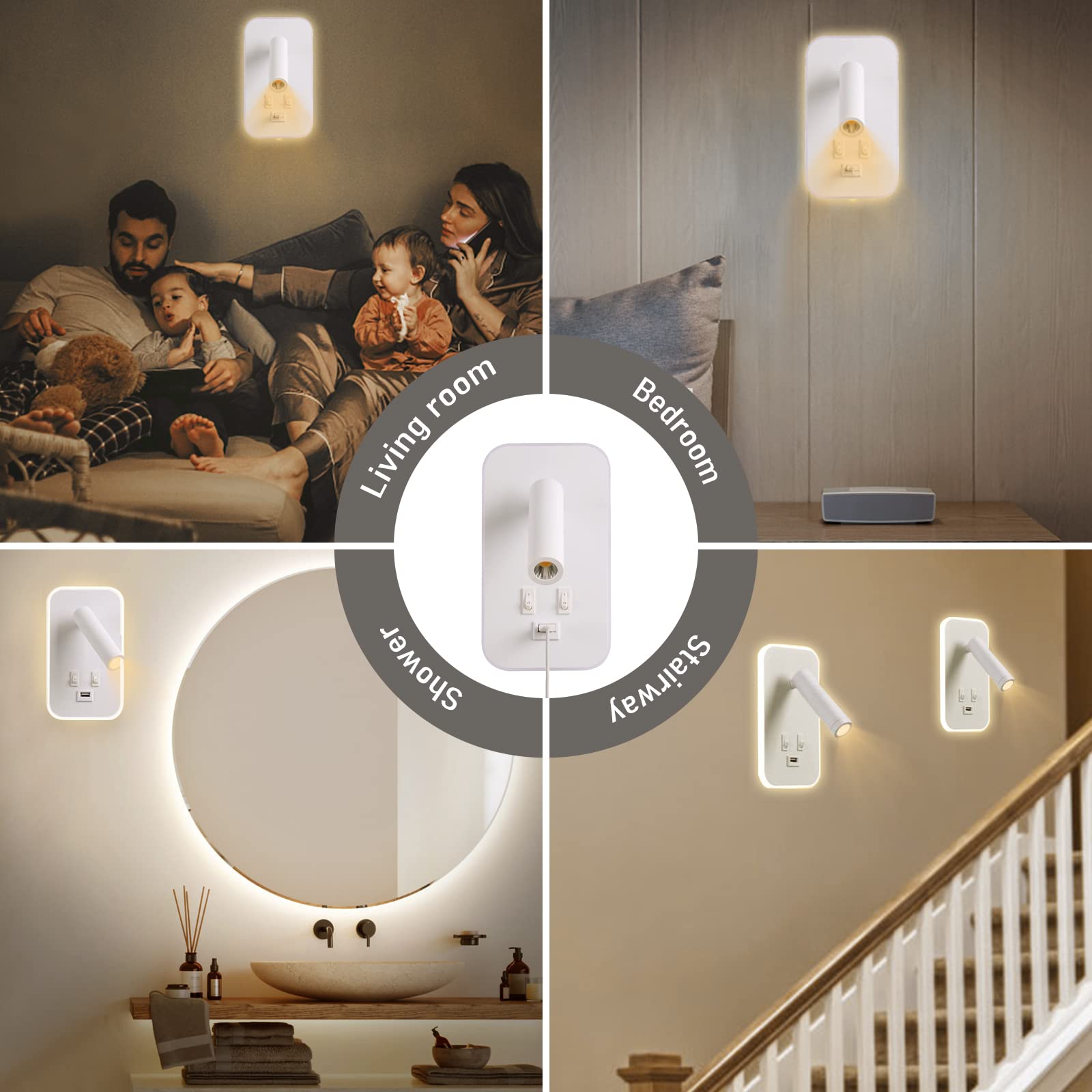 Weigudoc 2pcs Lámpara de Pared LED, Luz de Lectura Junto a la Cama, Aplique de Pared Cabecera Ajustable, con Puerto de Carga USB e Interruptor, Luces de Pared de Pasillo (Blanco)