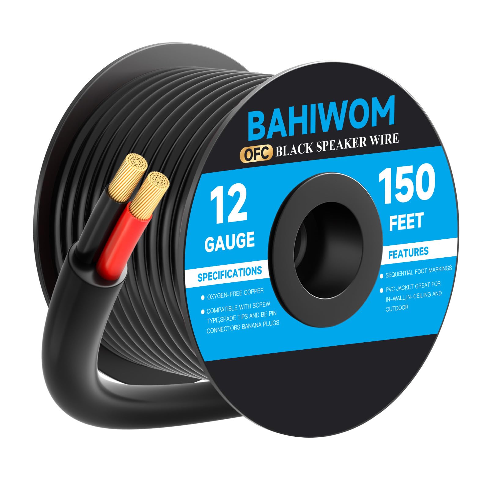 BAHIWOM 12 Gauge Speaker Wire 150ft CL3 Rated OFC 2-Conductor Speaker Cable Polarity Marked Copper Wire for Outdoor Garden Car Home in-Wall Commercial Systems