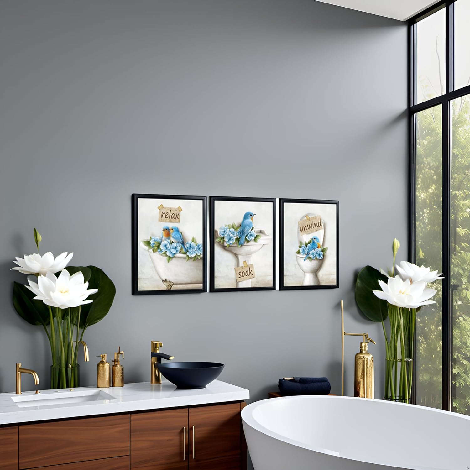 Nachic Wall Bathroom Wall Art Blue Birds Painting Prints Floral Relax Soak Unwind Theme Pictures Vintage Farmhouse Decor (Blue)