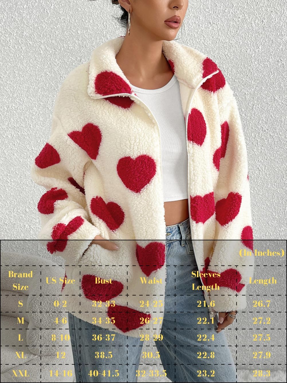 Heart Sherpa Jacket Women,Casual Zip Up Fuzzy Fleece Jackets,Cute Valentines Winter Coat With Pocket - Image 6
