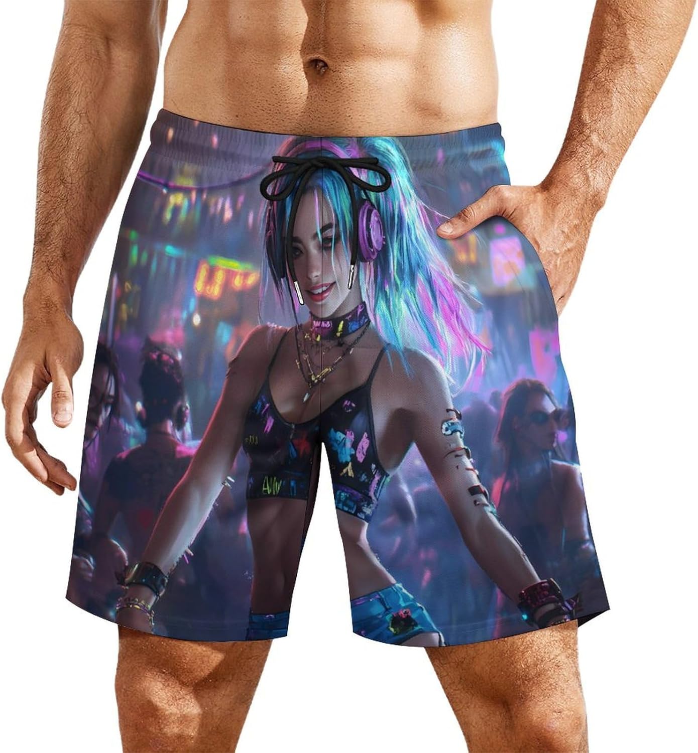 DJ Anime Beauty Casual Beach Shorts for Men Elastic Waist Drawstring Swim Shorts With Compression Liner