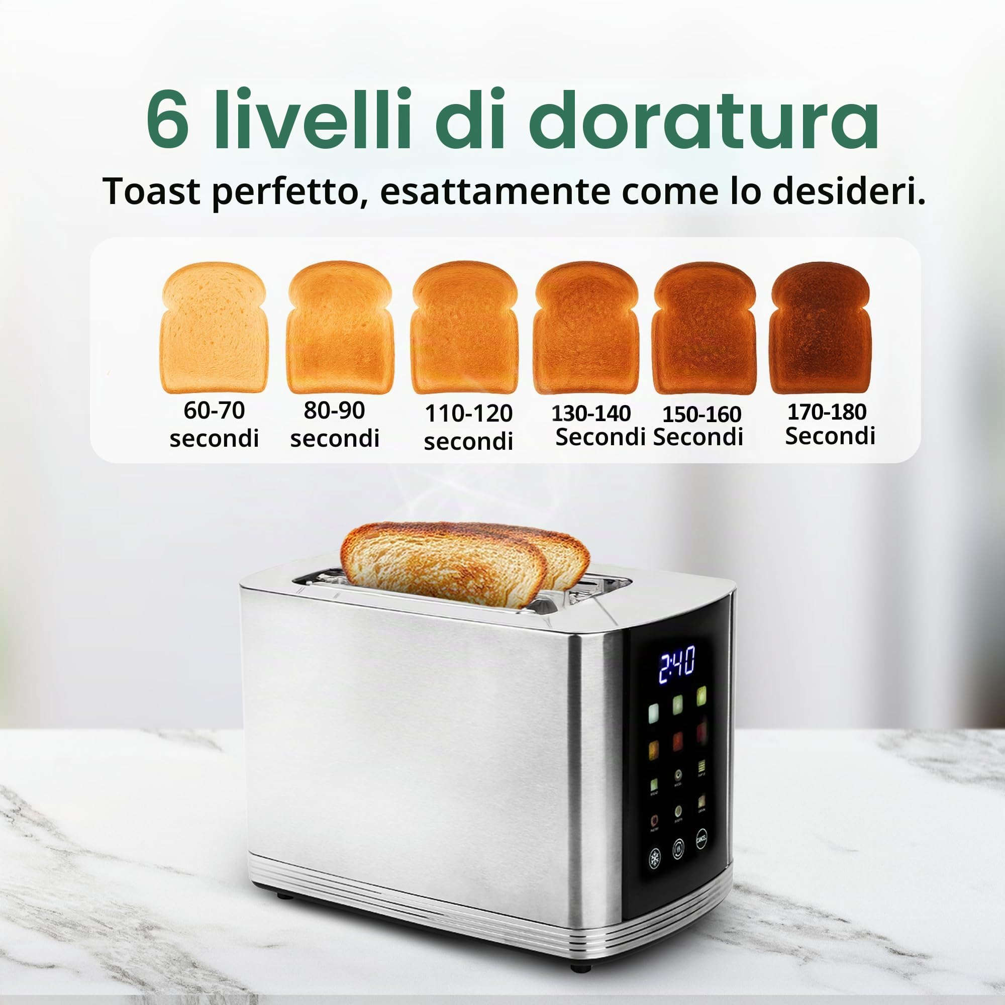 EMERIO Tostapane in acciaio inox con grande display a colori, touch, 2 fessure per tostapane, centraggio automatico, cassetto raccoglibriciole, scongelamento, riscaldamento, 6 livelli di doratura, 800