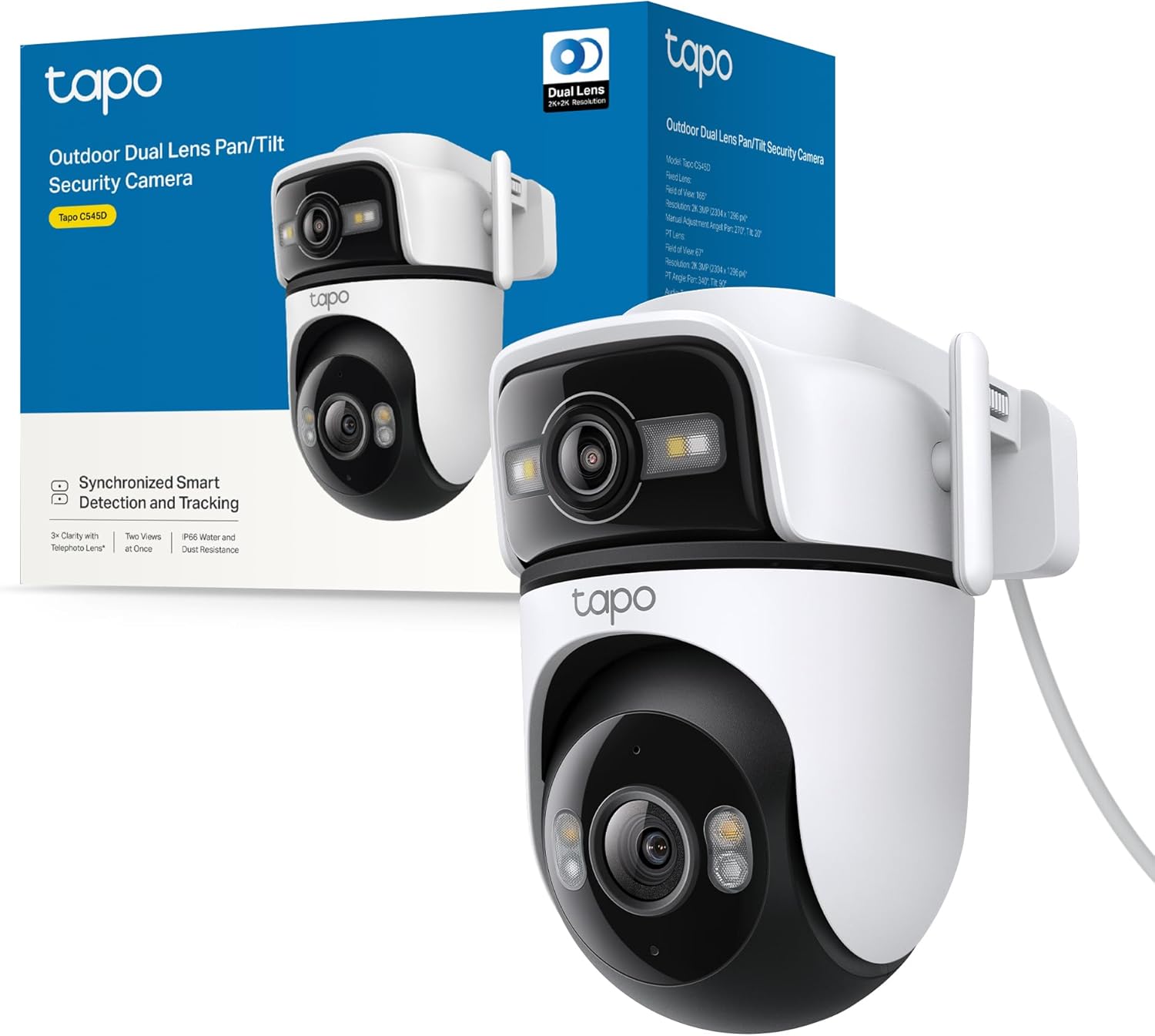 Tapo C545D Telecamera Wi-Fi Esterno con Doppio Obiettivo 2K(3MP+3MP), PTZ con Tracking Smart, Rilevamento AI Persone/Animali/Veicoli, Visione Notturna a Colori, Audio Bidirezionale, Ethernet, IP66