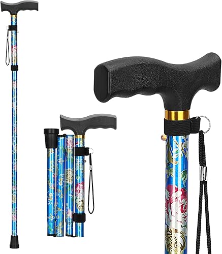 Miniatura 8 de supregear Bastón Plegable, Bastón de Caminar Ligero Ajustable de 5 Niveles con Correa para la Muñeca y Mango en T, Ayuda de Movilidad Portátil para