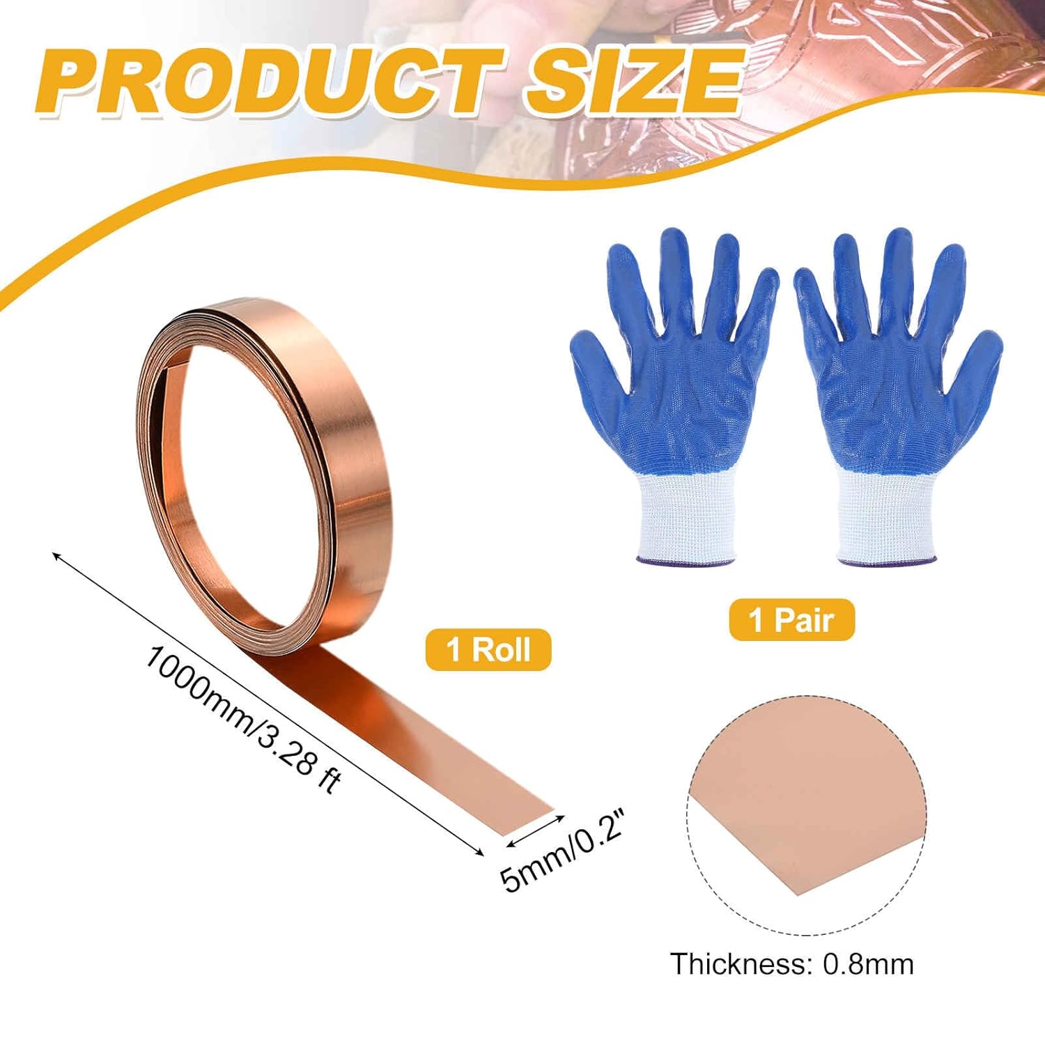MECCANIXITY 3.28ft Copper Sheet Roll, 1000x5x0.8mm Pure Copper Strip Flashing Roll Metal Foil Plate with Gloves Waterproof for Roofing House Repair DIY Projects Jewelry Craft