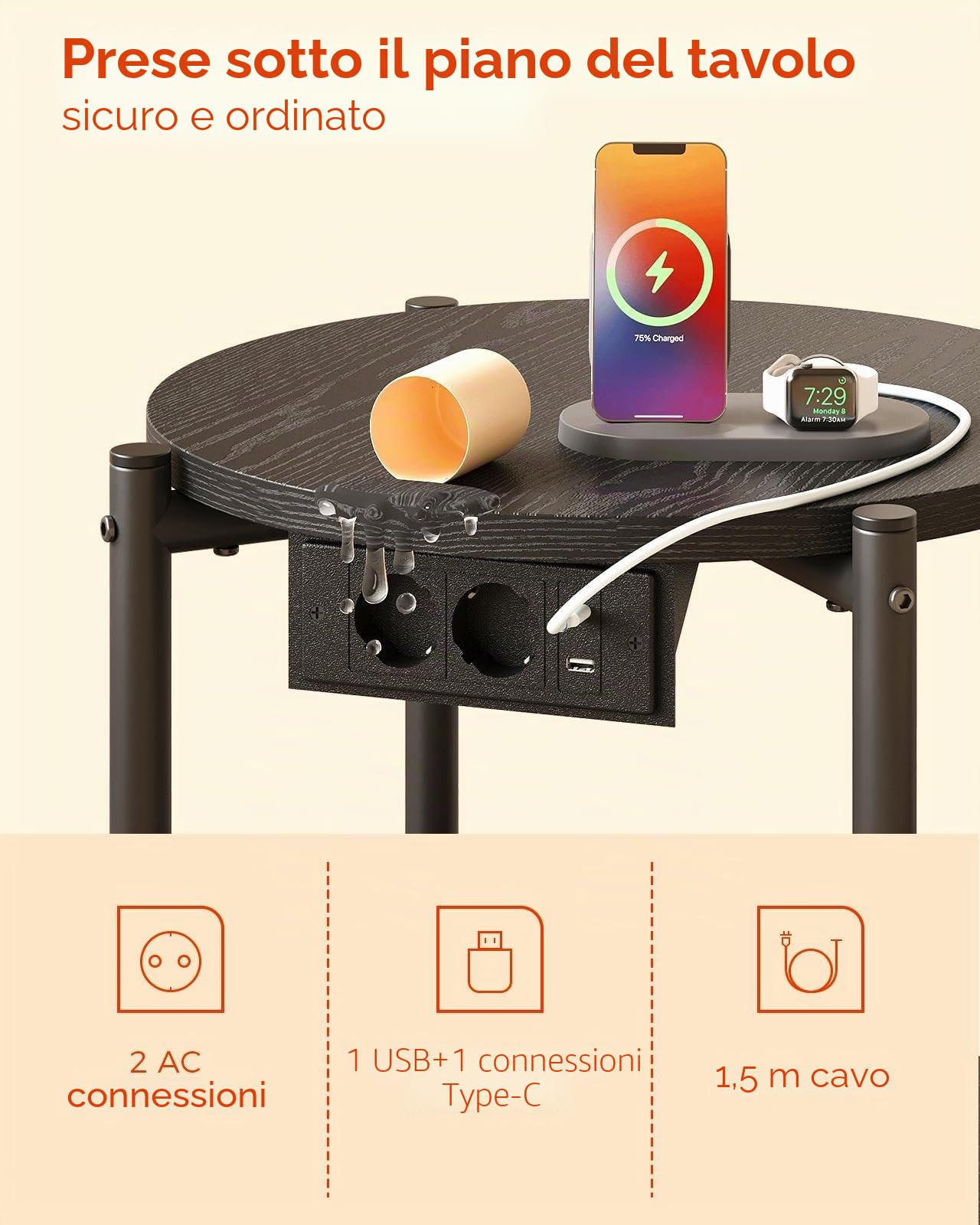 IRONCK Tavolino, Tavolino Rotondo con Multipresa, piccolo tavolino da divano, Tavolino Salotto 2 Ripiani, porta USB e tipo C, Comodino per camera da letto Balcone Patio (Nero, 1 pezzo)