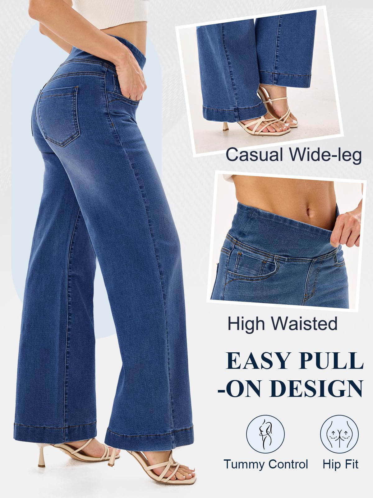 Vaqueros Elásticos Mujer,Pantalón Vaquero Ancho Tiro Alto Azul Marino Pierna Ancha Holgada Sweatpants Jeans Women Wide Leg