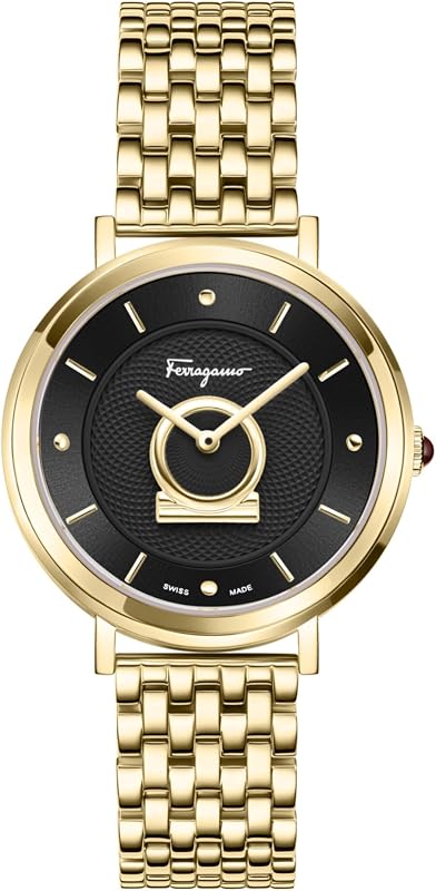 Ferragamo Minuetto Collection Luxury Womens Watch Timepieces with a Gold Bracelet and Case Featuring a Black Dial