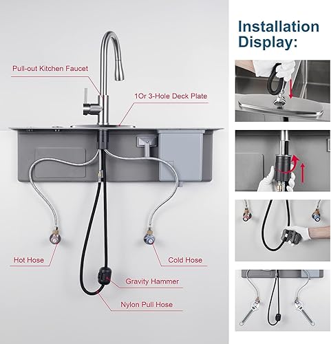 Miniatura 6 de Grifo de cocina extraíble de cromo pulido de arco alto de una sola manija, grifo de fregadero de acero inoxidable para lavandería de RV moderno