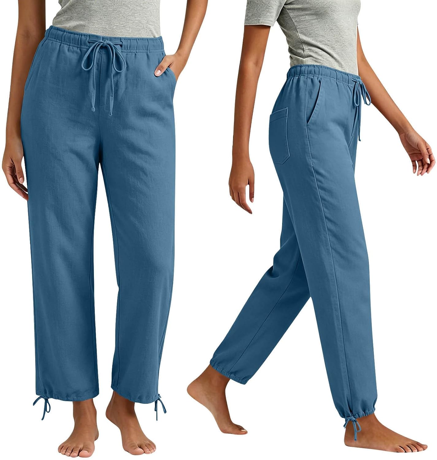Womens Cotton Linen Pants Lightweight Drawstring Elastic Waist Pant Casual Straight Leg Lounge Trousers with Pockets