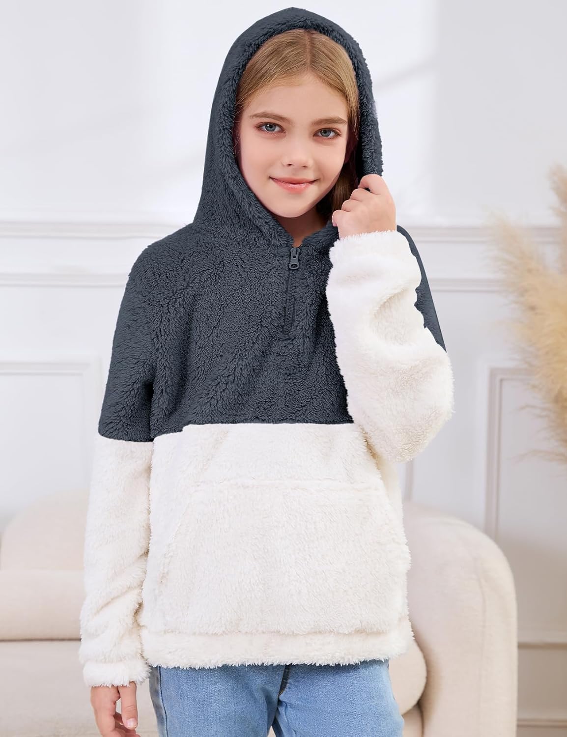 Flygo Girls Fuzzy Sherpa Hoodie Fleece Pullover Quarter Zip Hoodies Fluffy Sweaters Casual Long Sleeve Sweatshirt 5-14Years - Image 4