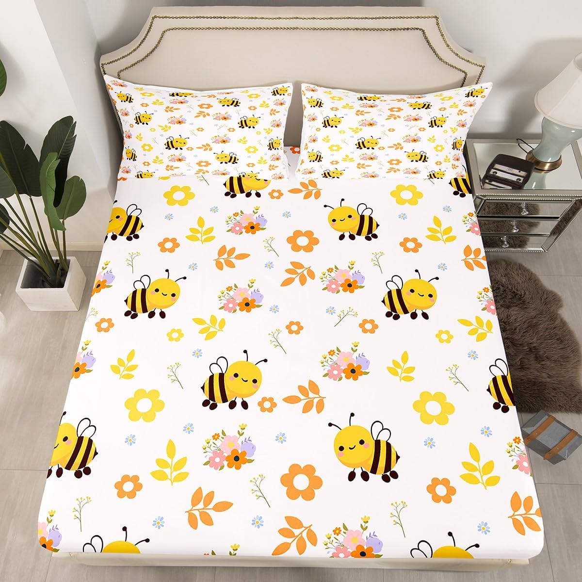 Cute Bee Bed Sheet Set Queen Size Honeybee Kids Bedding Set for Boys Girls Teens Kawaii Bugs and Flowers Fitted Sheet Cartoon Wild Animal Farmhouse Bedding Sheets Bedroom Decor Bedding Collection