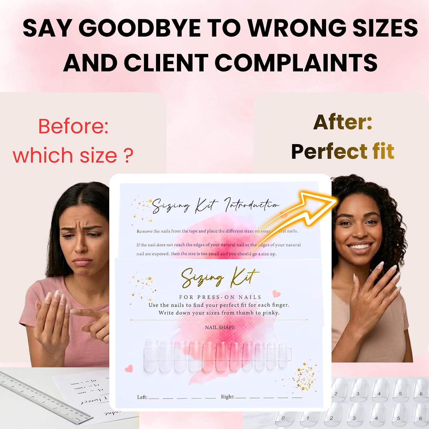 Press On Nails Sizing Kit Cards for Nail Business, 5x7 Pink & Gold Foil | come with instruction, clear bag and adhensive tape