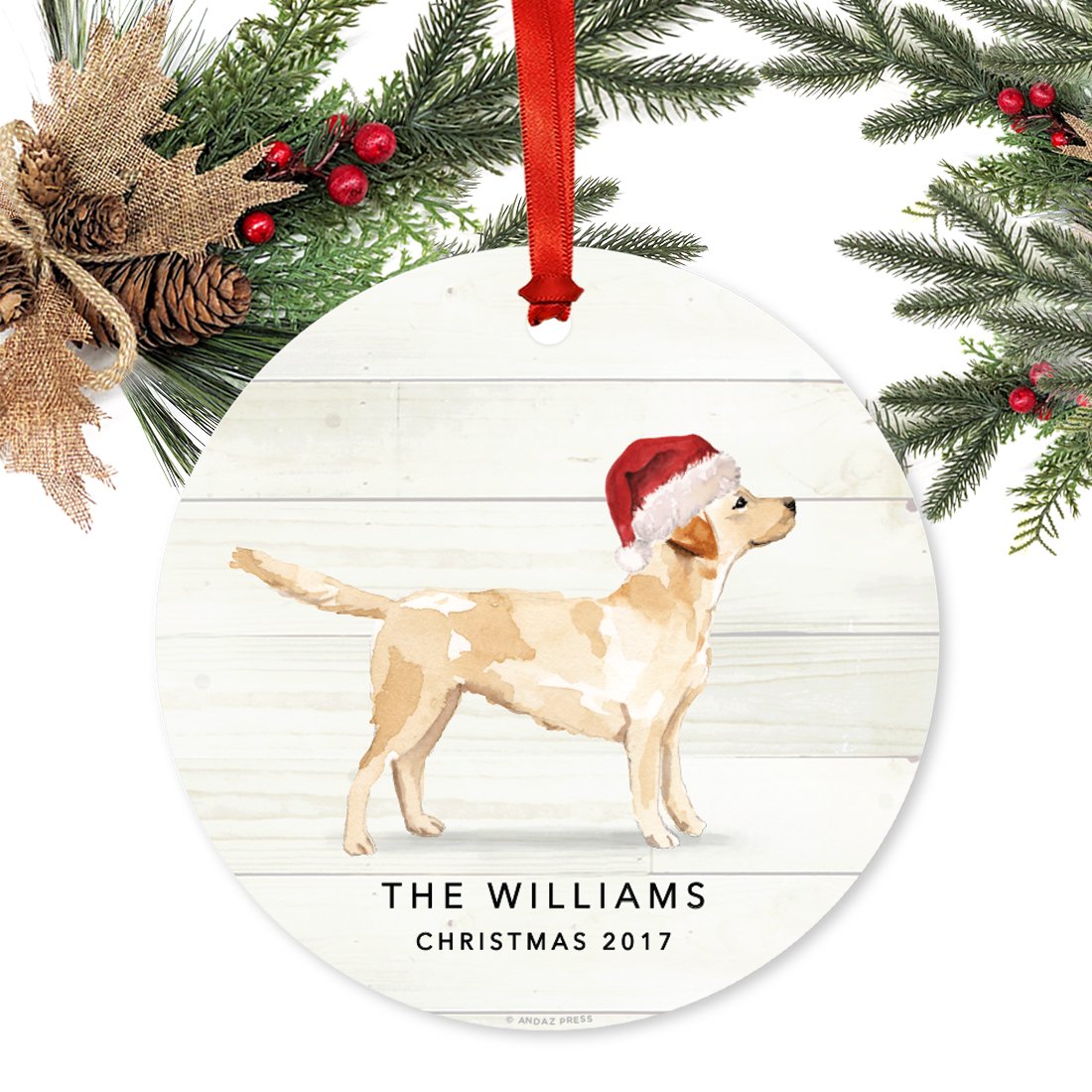 Andaz Press Personalized Animal Pet Dog Metal Christmas Ornament, Labrador Retriever with Santa Hat, 1-Pack, Includes Ribbon and Bag, Yellow Lab Puppy Ornament