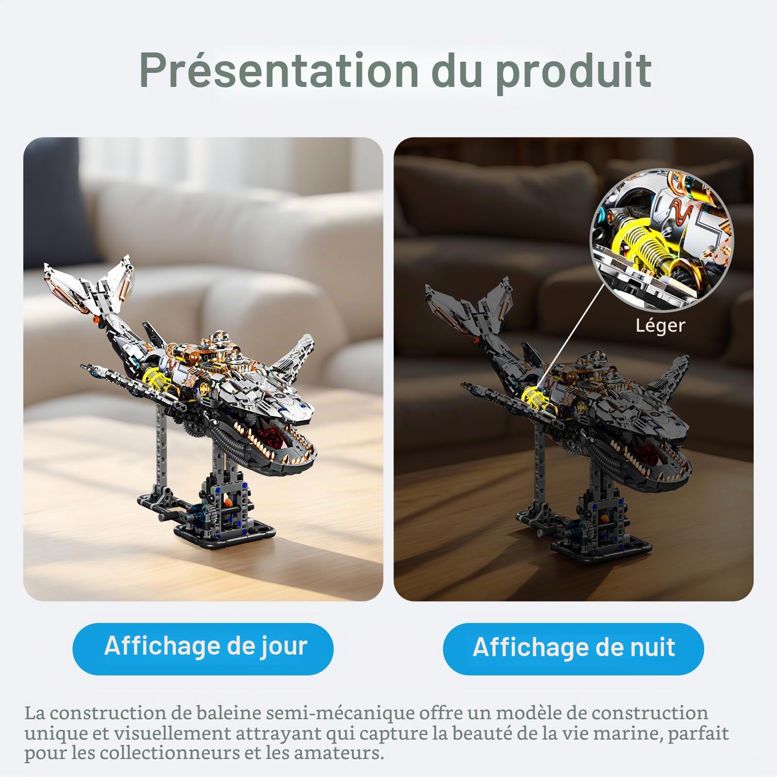 HJPLPXH Ensemble de construction mécanique baleine, jouet de construction d'animaux marins | Animal de l'océan mobile avec présentoir, décoration d'intérieur, cadeau pour adultes et adolescents (1388 pièces)