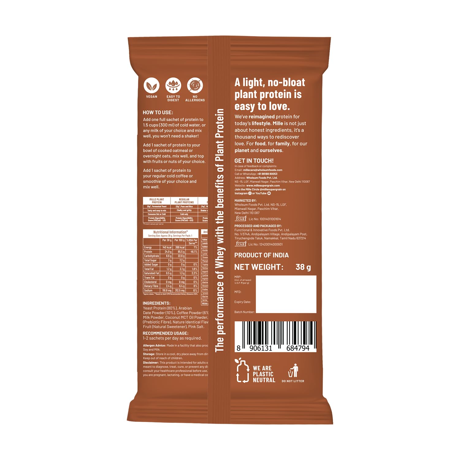 Mille Plant Protein | 25g Protein/Scoop - Coffee Hazelnut | Made with Fermented Yeast Protein | No Bloat Vegan No Added Sugar | Has All 9 Essential Amino Acids | No Adulteration | 38g Trial Pack — Amazon image 2