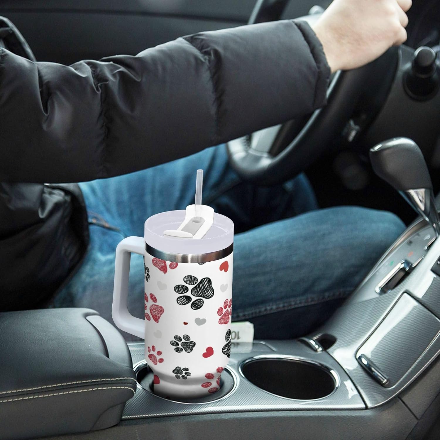 Boccsty Black Red Dog Paw Prints Hearts Insulated Tumblers Reusable Stainless Steel Tumbler 40 oz Cup Coffee Travel Mug Water Bottle with Handle & Flip Straw for Home Office Car - Image 7